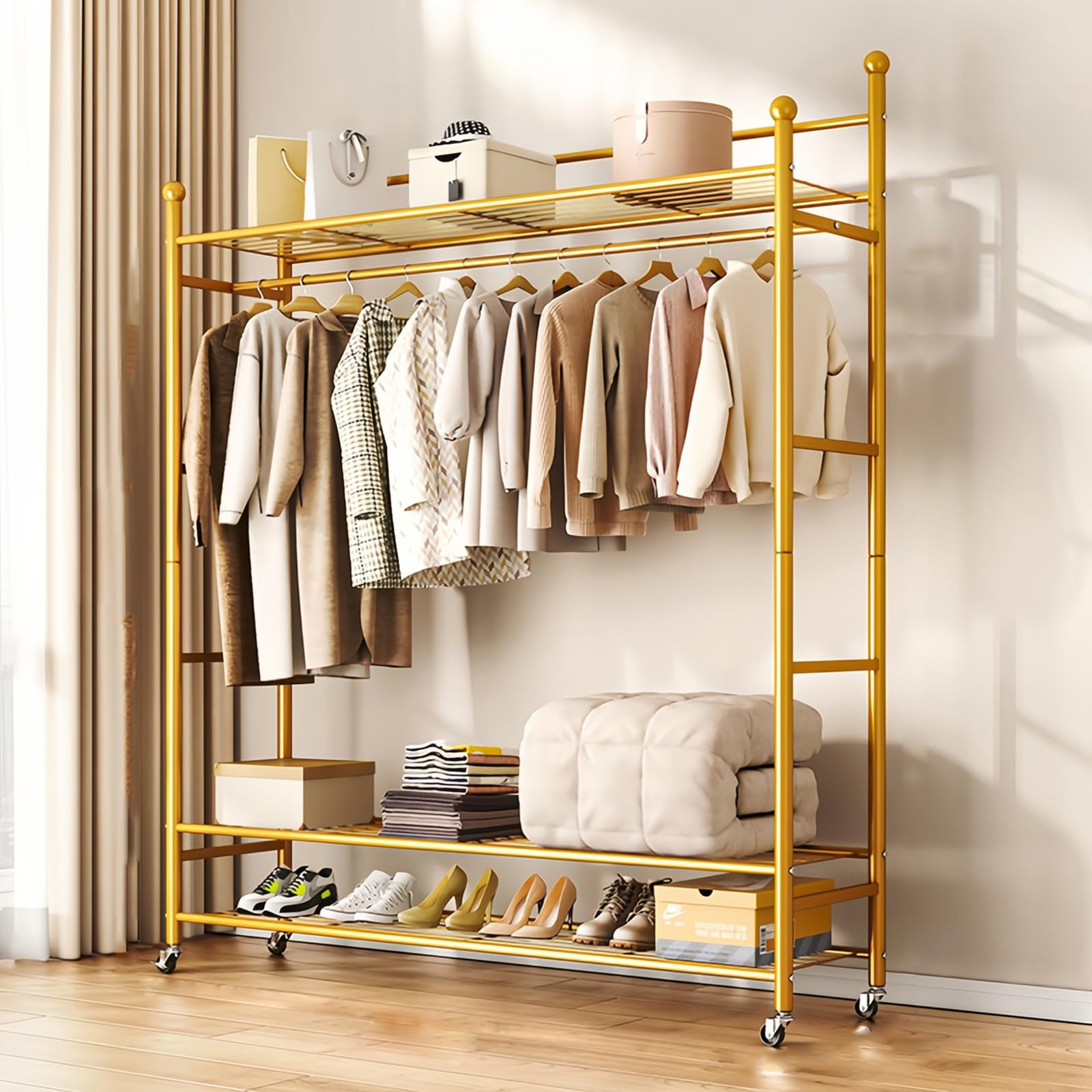 Tringle à vêtements robuste avec 3 étagères et roulettes pour rangement modulable