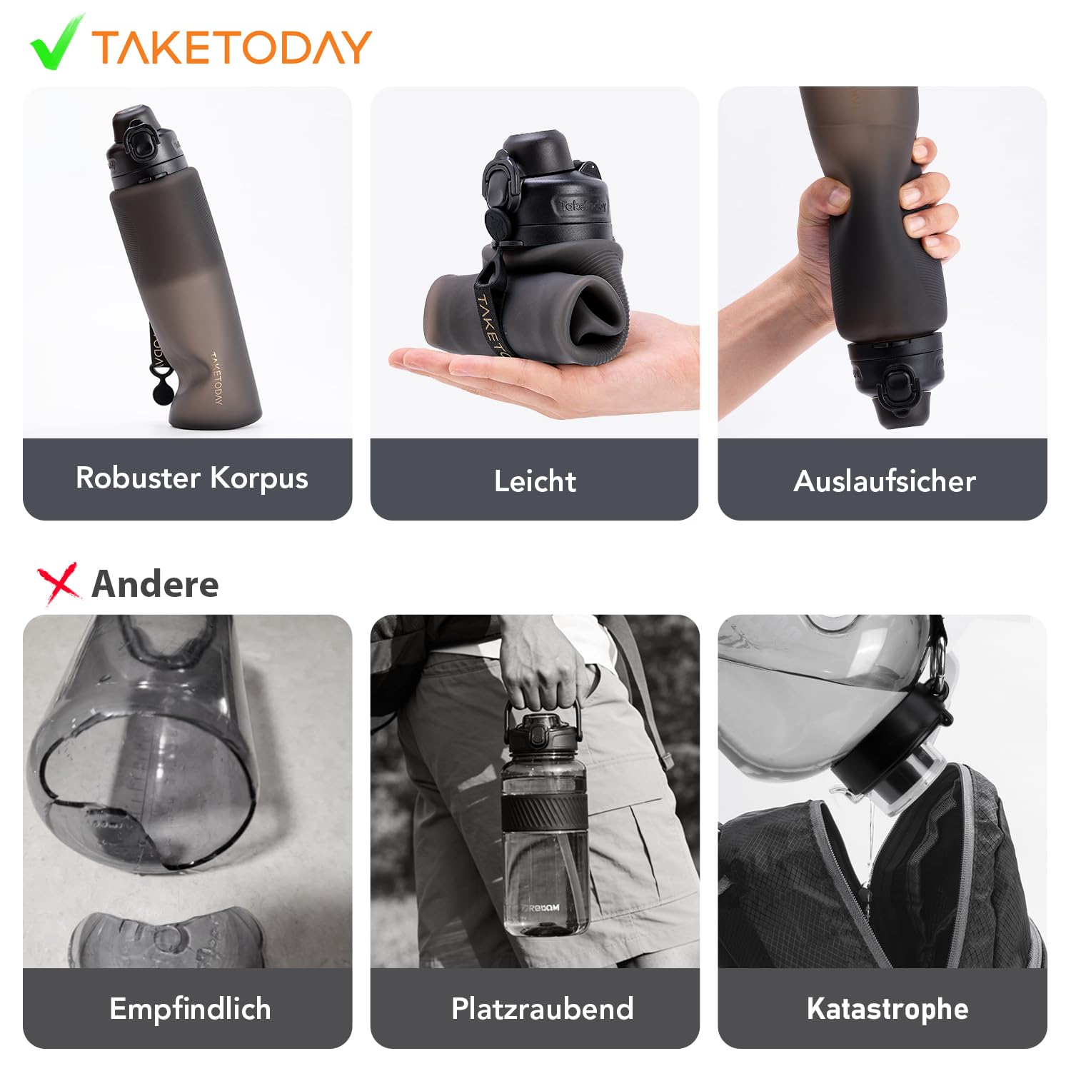 TakeToday Faltbare Trinkflasche 1000ml, Zusammenklappbare Trinkflasche, BPA-frei, aus Silikon, auslaufsicher – ideal zum Wandern, für internationale Reisen & Outdoor-Aktivitäten, Schwarz