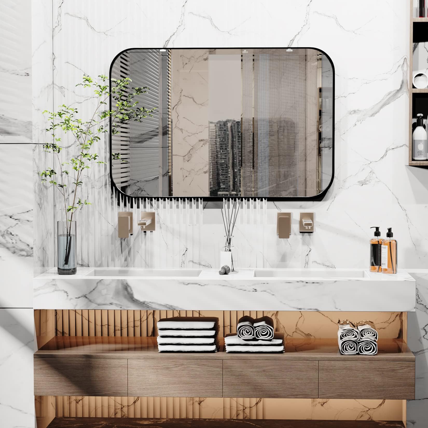 LUVODILarge Rectangular Wall Mirror: 1200x760mm Black Aluminum Framed Wall Mounted Mirror for Bathroom, Living Room, Bedroom, Dressing Room, Entryway Decor, Hang Vertical or Horizontal