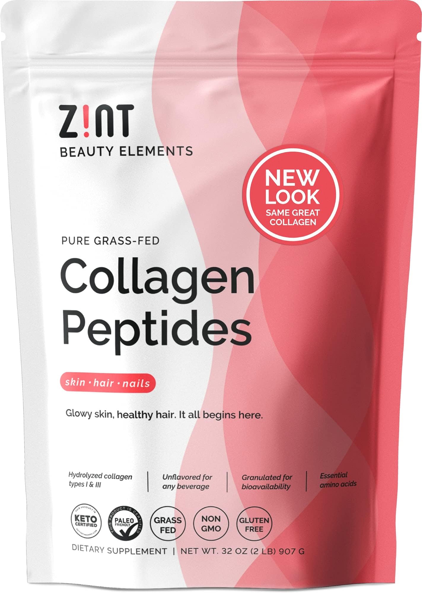 Zint Collagen Peptides Powder (32 oz) | Grass-Fed, Hydrolyzed Type I & III | Supports Skin, Hair, Joints & Gut Health | Rich in Key Amino Acids | Paleo-Friendly, Keto, Non-GMO, Unflavored