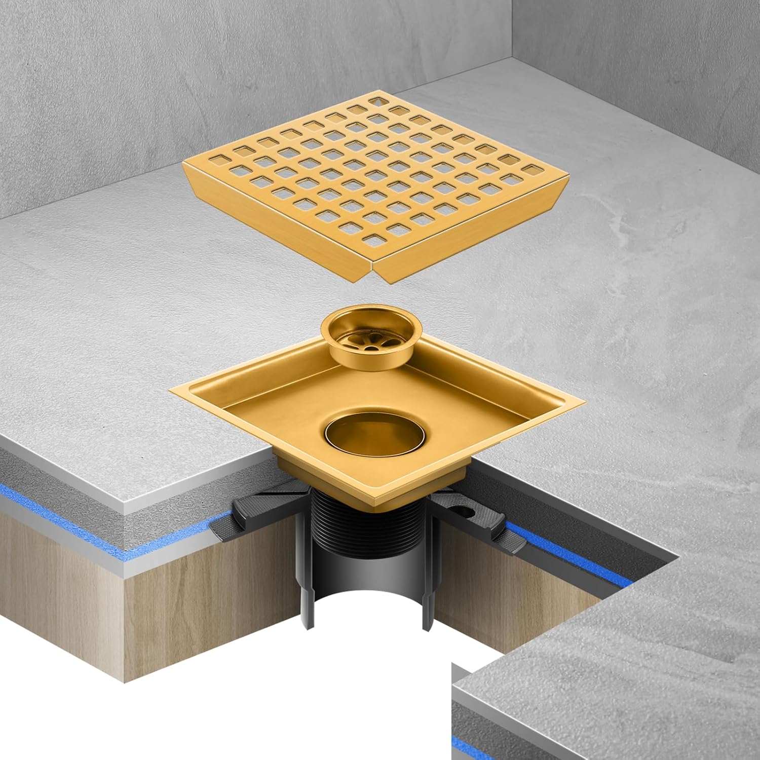 Shower Drain, Brushed Gold 6 inch Shower Floor Square Drain with Flange, Removeable Grid Panel SUS 304 Stainless Steel Square Shower Drain