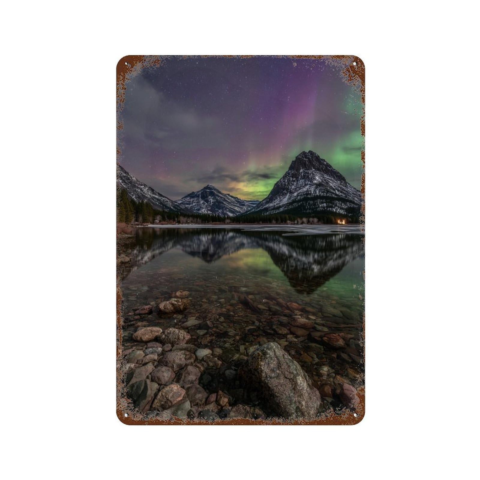 Aurora Borealis Reflections in Lake Distressed Metal Wall Sign 11.8"x7.9", Ideal for Patio, Garden Room And Bar Decor