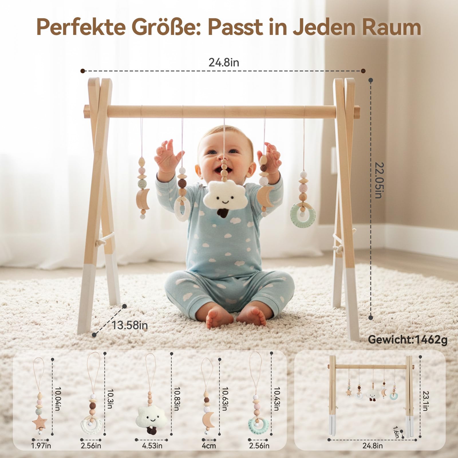 let's make Spielbogen Baby Holz- Montessori Spielbogen mit 5 abnehmbaren Sensorischen Spielzeugen, Faltbar Baby Gym Activity Center, Neugeborenes Geschenk für 0-18 Monate (Style B)