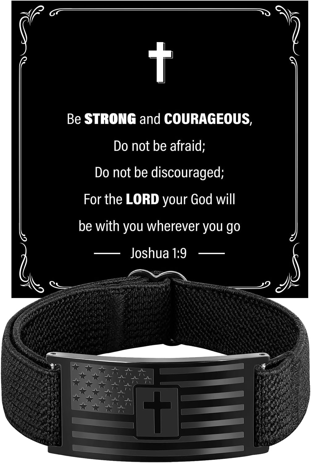 Bracelets for Men Boys - Patriotic American Flag Cross Bracelet - Adjustable Black Elastic Stretch Strap Bible Verse Bracelets - Back to School, Birthday Gifts for Men