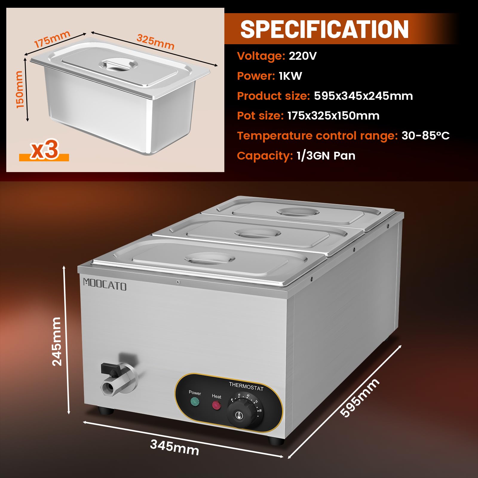 Profesional Baño María Eléctrico 3 X GN 1/3, Calentador de Alimentos eléctrico, con Grifo y Tapa, Acero Inoxidable con 3 ollas de 1/3