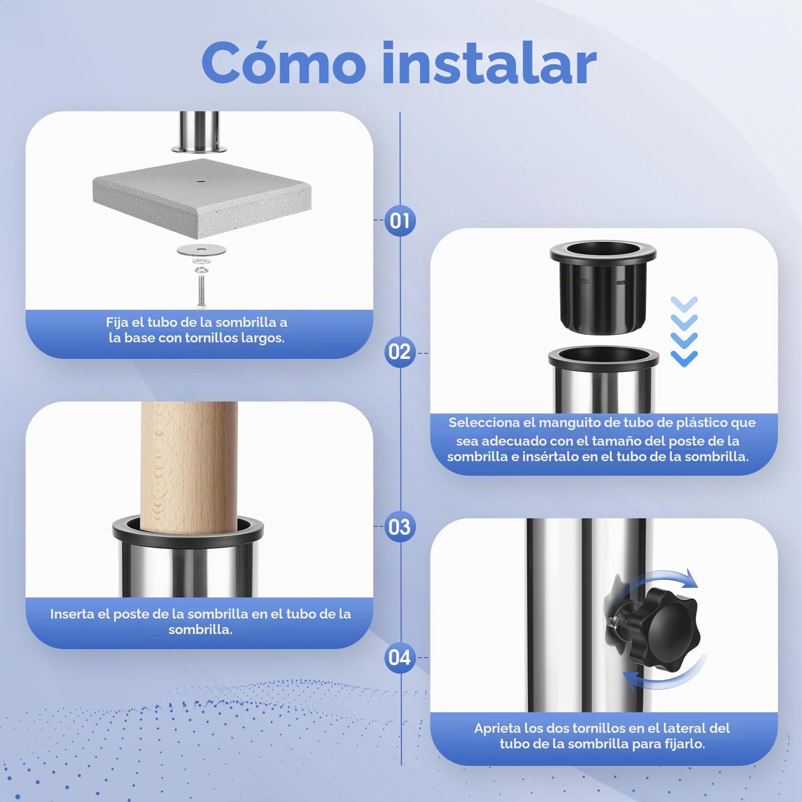 Soporte Sombrilla de Acero Inoxidable Parasol | Base Tube para Sombrilla con 3 Anillos Reductores de PVC (Ø32mm/40mm/50mm) para Exteriores Jardín Patio Balcón
