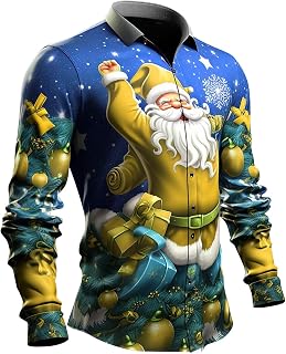 Men's Funky Christmas Shirts Casual Santa Claus Print Long Sleeve Button Down Xmas Hawaiian Party Dress Shirts