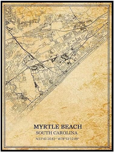 TANOKCRS Myrtle Beach South Carolina USA America - Póster de pared vintage, mapa, obras de arte, viajes, recuerdo, decoración del hogar, 20 x 30