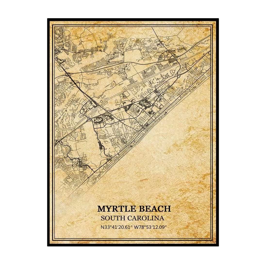 TANOKCRS Myrtle Beach Karolina Południowa USA Ameryka vintage mapa plakat grafika sztuka ścienna mapa nadruk podróż pamiątka prezent dekoracja domu nieoprawiony 61 x 81 cm