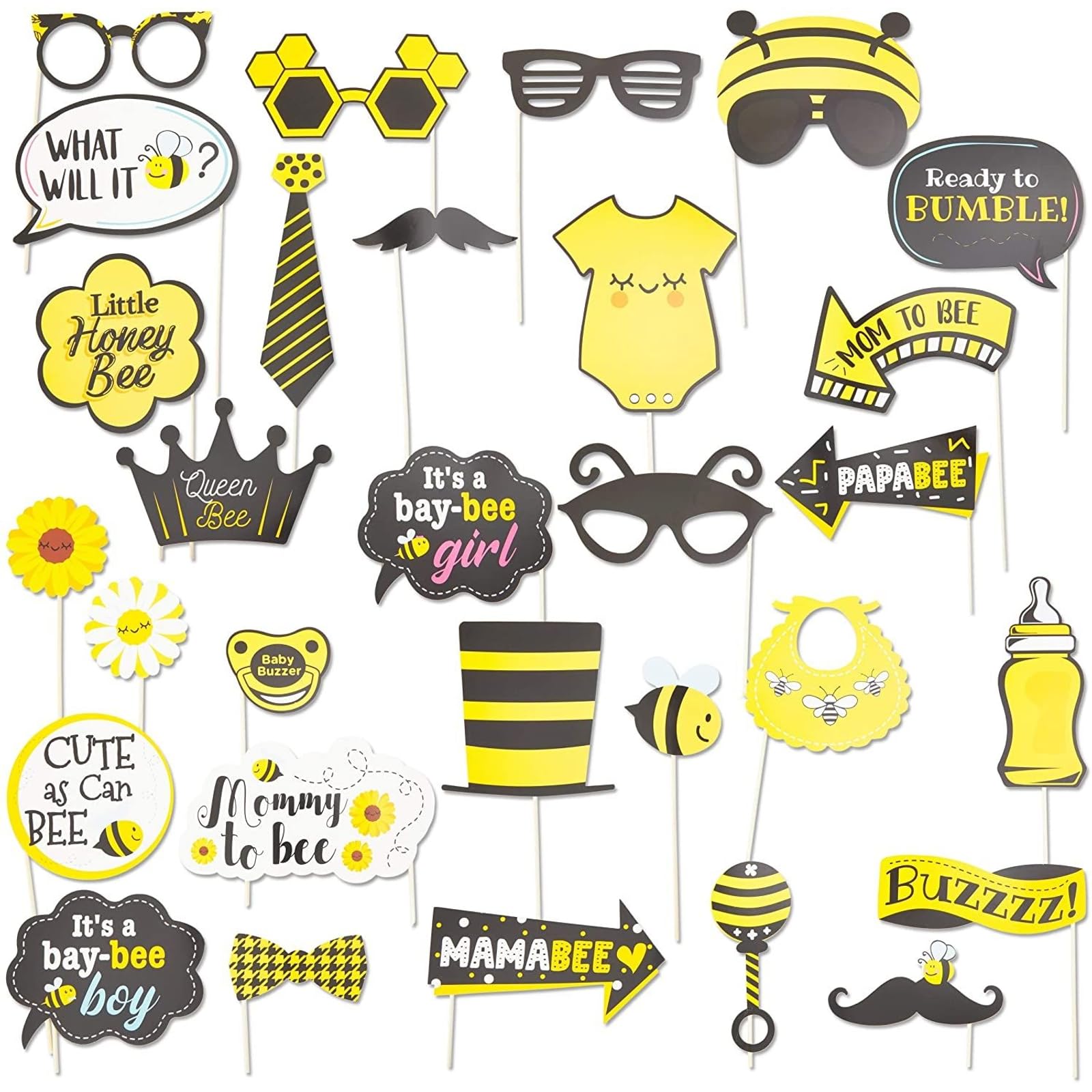 Sparkle and Bash Baby Photo Booth Props Bee Theme Kit - 30 Piece Yellow & White Cardstock - Bee Party Photo Booth & Accessories - Decorations for Baby Shower, Birthday & Gender Reveal Snaps