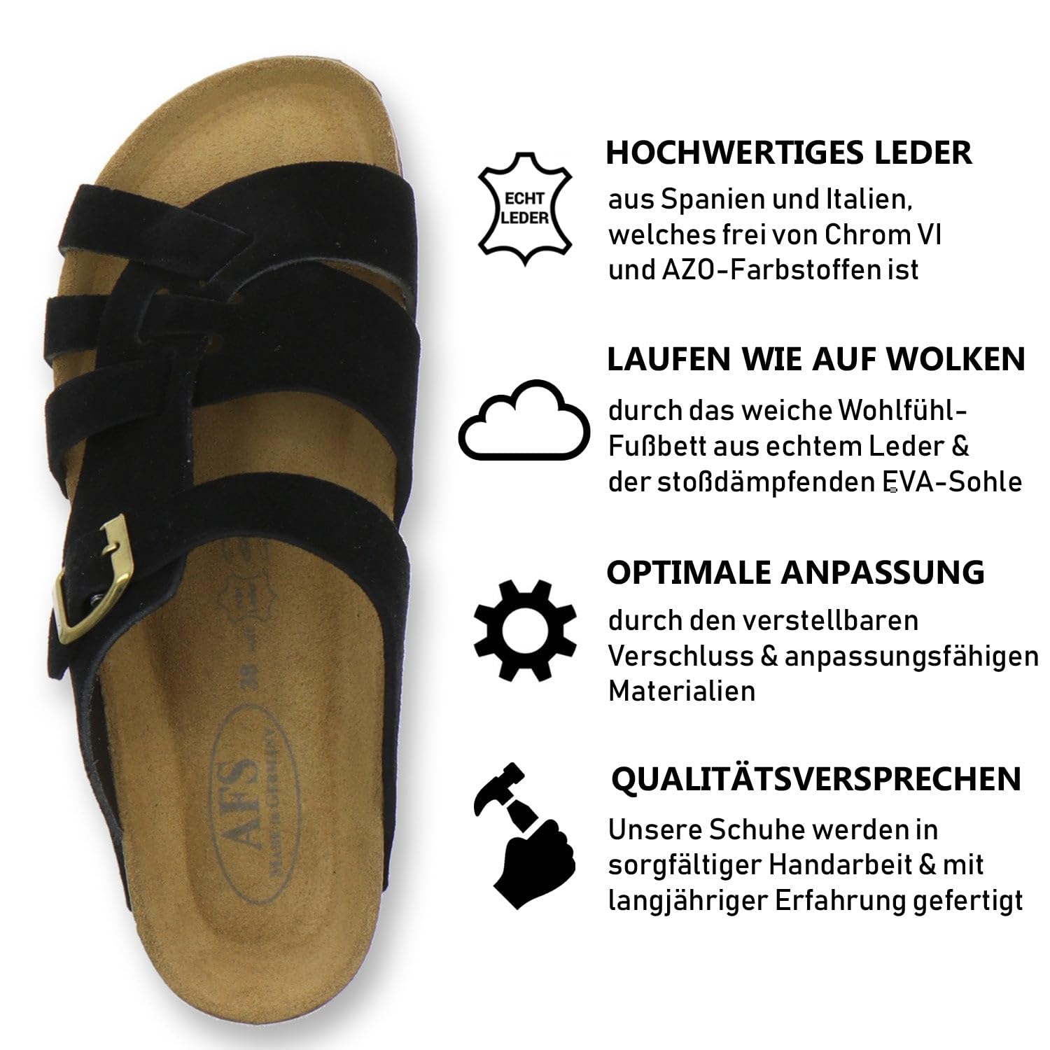 AFS-Schuhe, pantofole da donna in vera pelle, di alta qualità, con suola Eva, made in Germany, 2122, Fiori bianchi., 43 EU