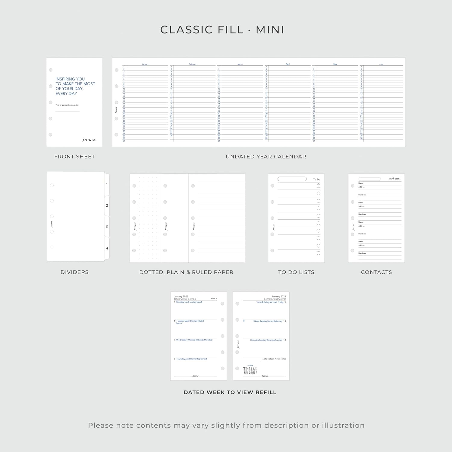 Filofax Finsbury オーガナイザー ミニサイズ ラズベリー - トラディショナルグレインレザー 5つのリング 週間表示