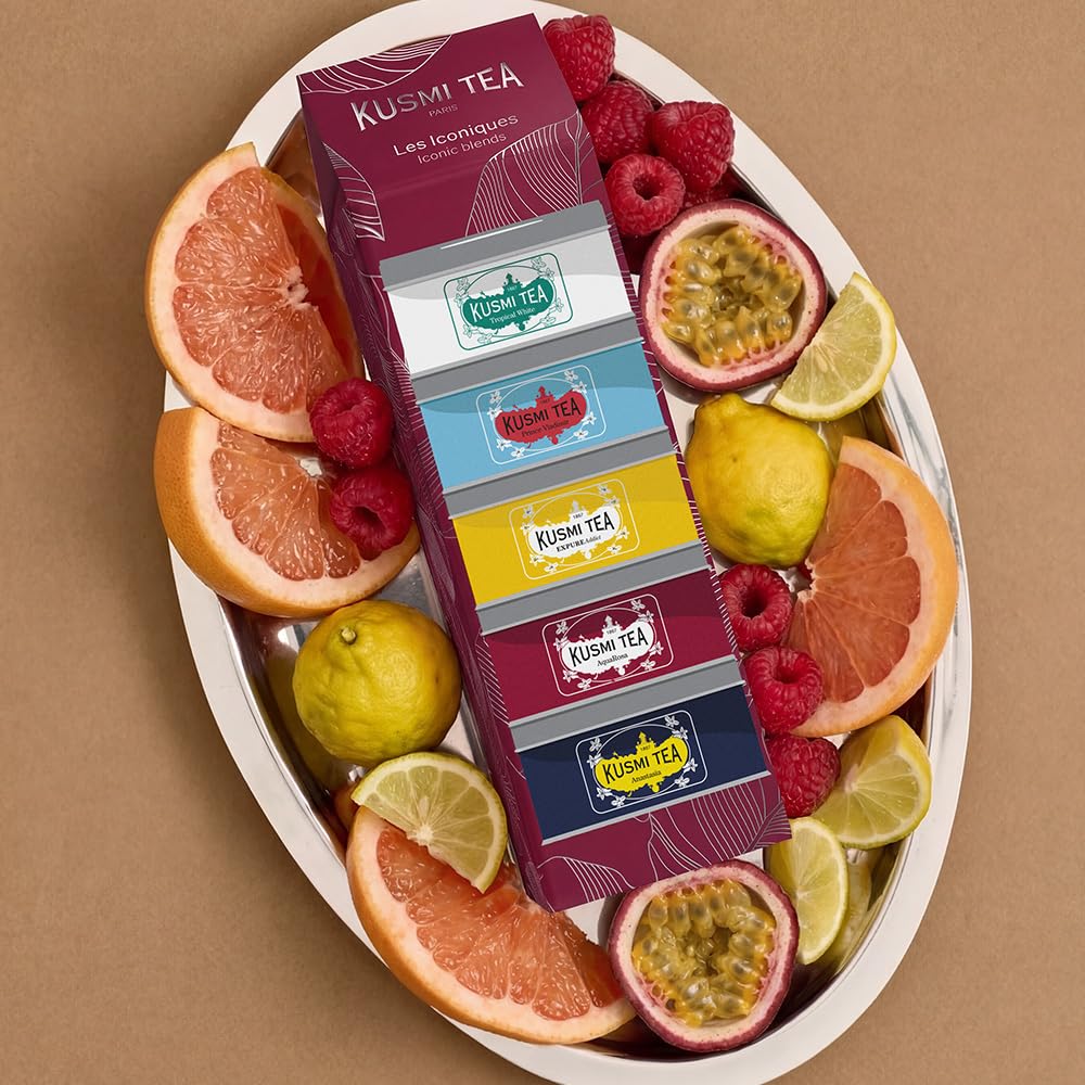 Kusmi Tea - Coffret "Les Iconiques" - Assortiment de Thés Bio - Idée Cadeau Homme et Femme - Thé Noir, Thé Vert, Thé Blanc et Infusion - Fabriqué en France - 5 Boîtes de 25g