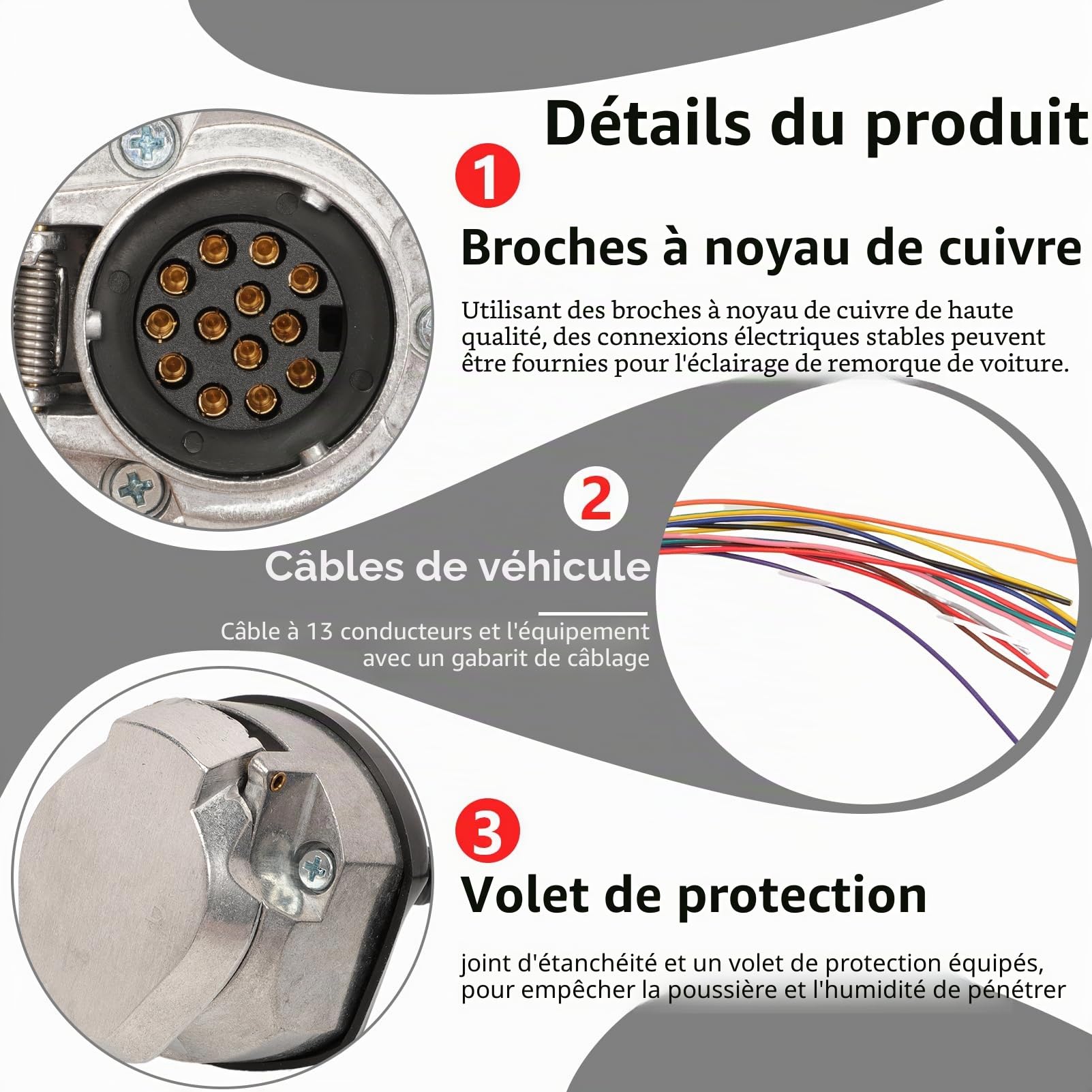 Prise Remorque 13 Broches avec Câble Étanche 2 m, Faisceau Pré-câblé 13 Fils, Norme ISO 11446, pour Remorque, Caravane et Véhicule Utilitaire
