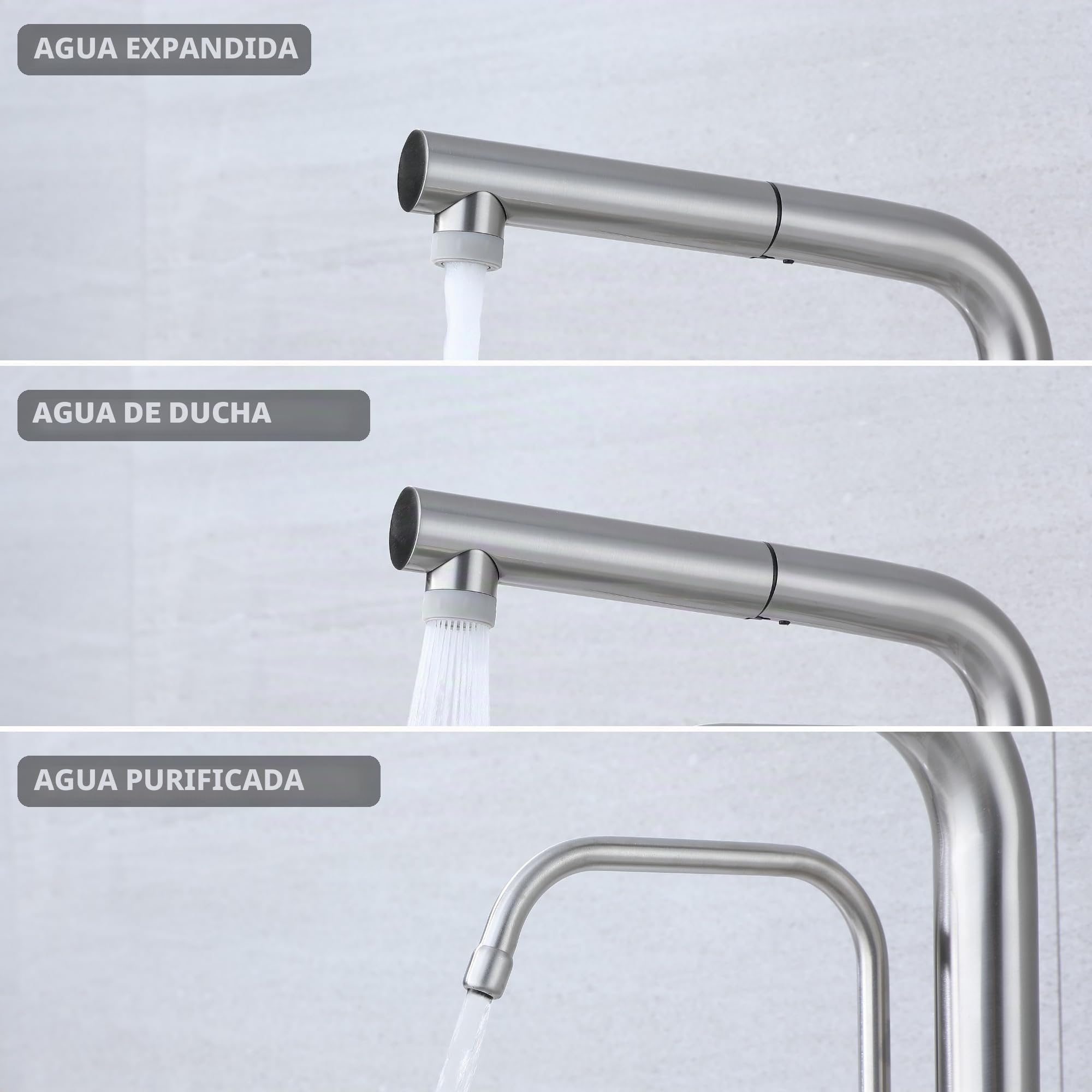 Grifo de Cocina Ósmosis 3 Vías con Ducha Extraíble, Giratorio 360°, Grifo Fregadero 3 en 1 para Agua Fría/Caliente y Agua Filtrada, Grifo para Ósmosis (cepillado)