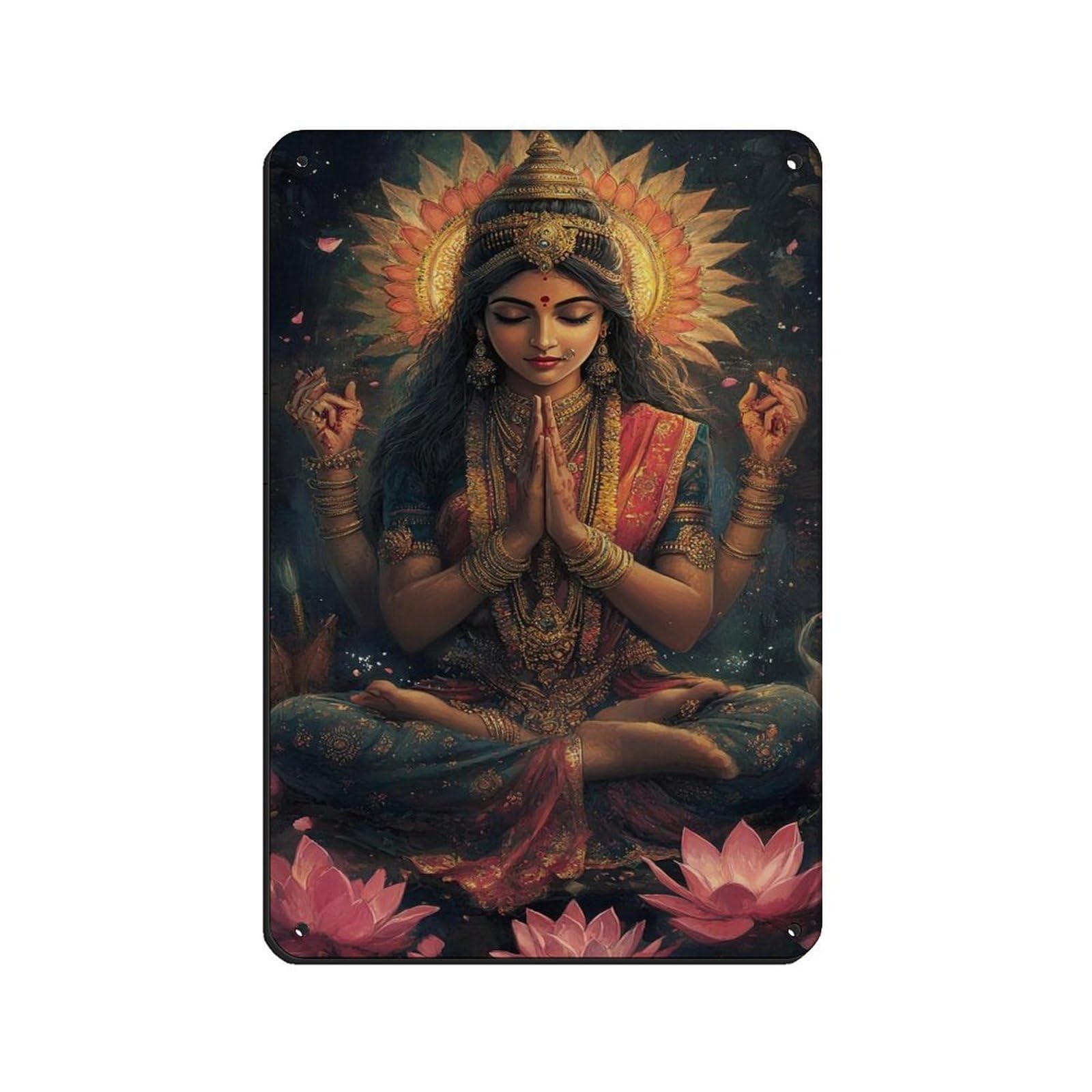 Hindu Goddess Lakshmi, Spiritual Art Retro Poster Metal Tin Sign Chic Art Retro Iron Painting Bar People Cave Cafe Family Garage Poster Wall Decoration 8x12inch(20x30cm)