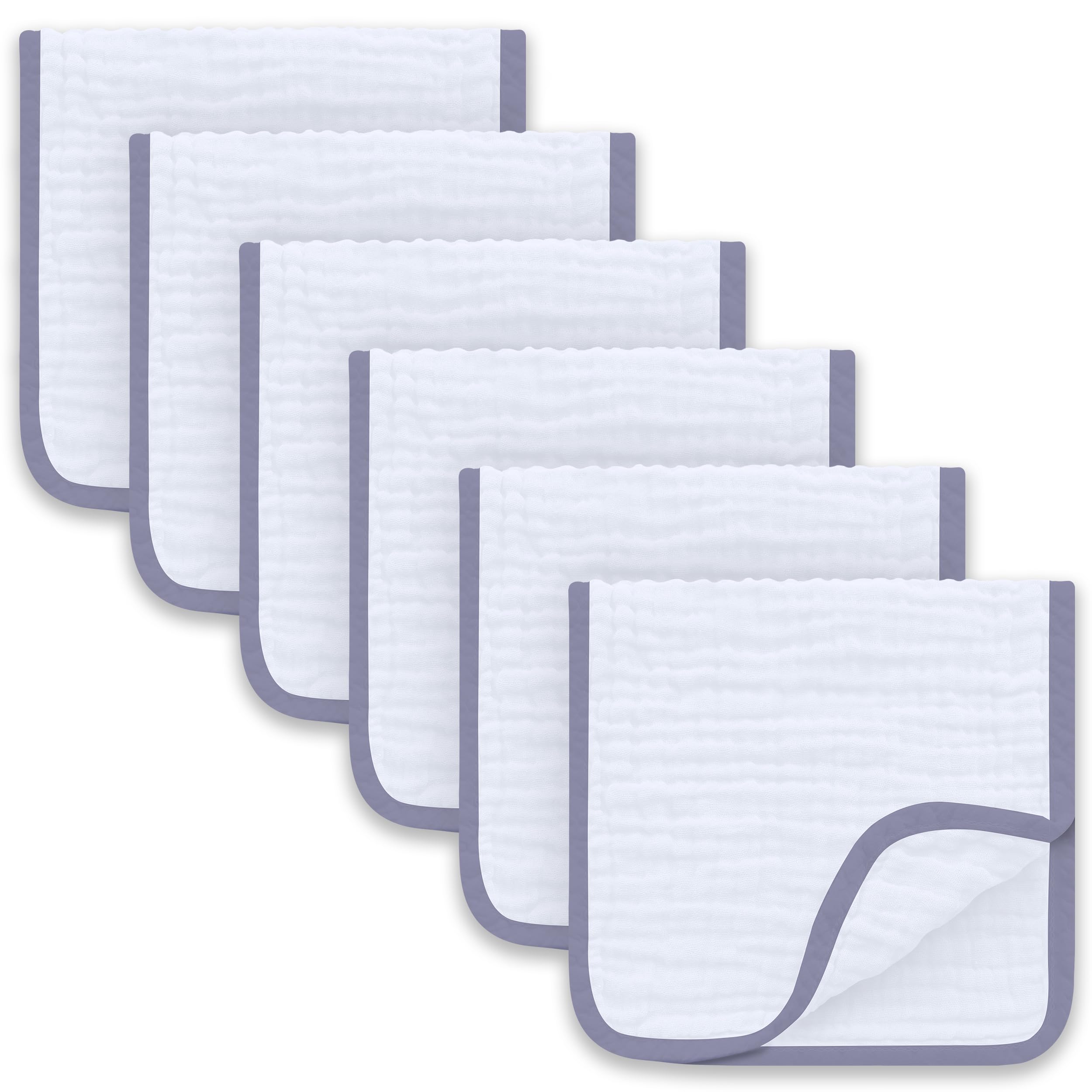 Sunny zzzZZSunny zzzZZ 6 Pack Muslin Burp Cloths - Ultra-Soft 100% Cotton Baby Boy & Girl Newborn Essentials - Large 20'' x 10'' Super Absorbent Milk Spit UP Washcloths - Unisex Burpy Cloths - Grey Trim
