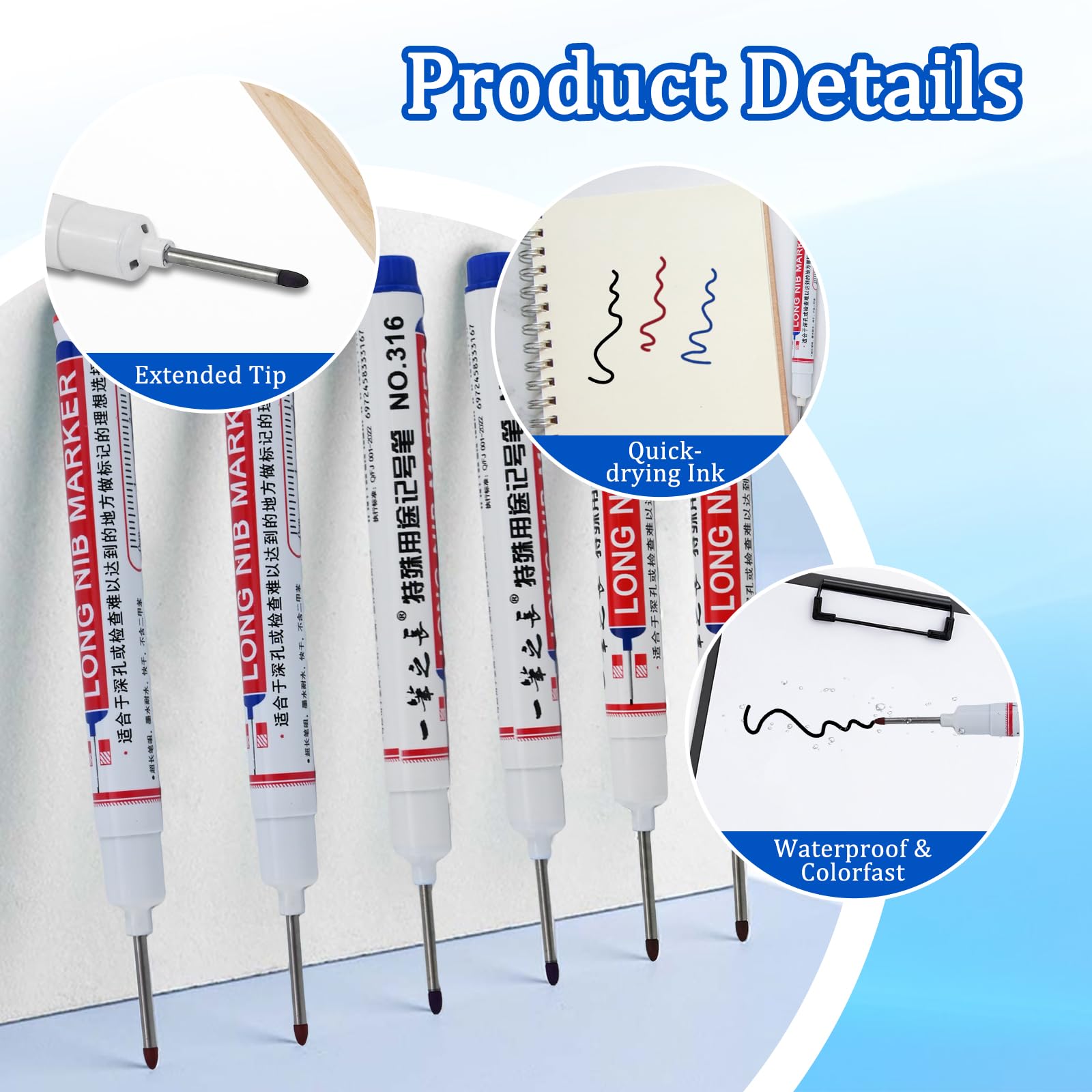 UNOLIGA Marqueur Trou Profond, Marqueur Charpentier, Feutre De Trou Profond à Pointe Longue De 20 Mm, Stylo Marquage Chantier Pour Bricolage Metal Electricien Carrelage (Bleu Noir Blanc Rouge Vert