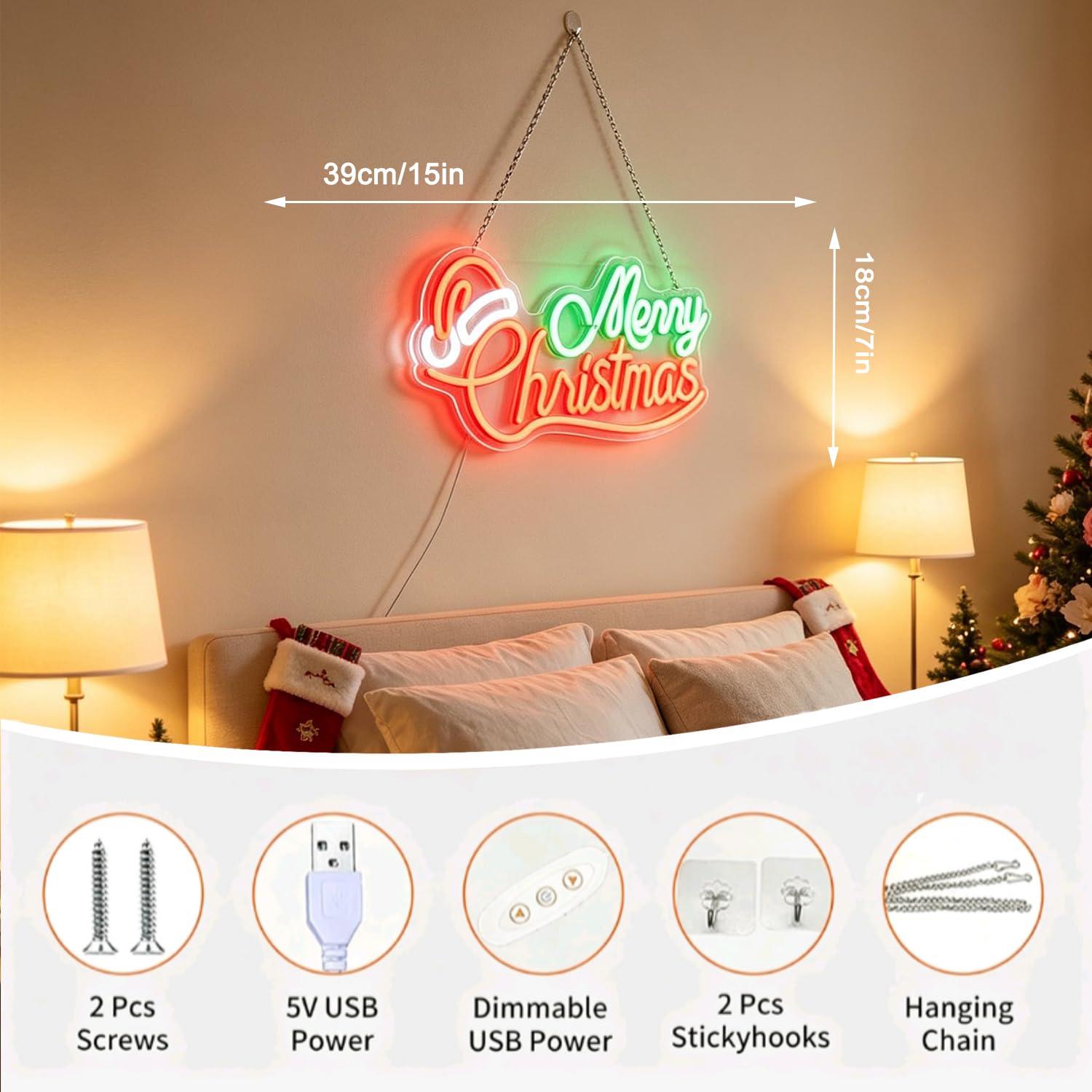 Insegna al neon con scritta "Merry Christmas", luce notturna a LED dimmerabile per casa, ufficio, bar, decorazione per feste, regalo di compleanno e Natale per la famiglia