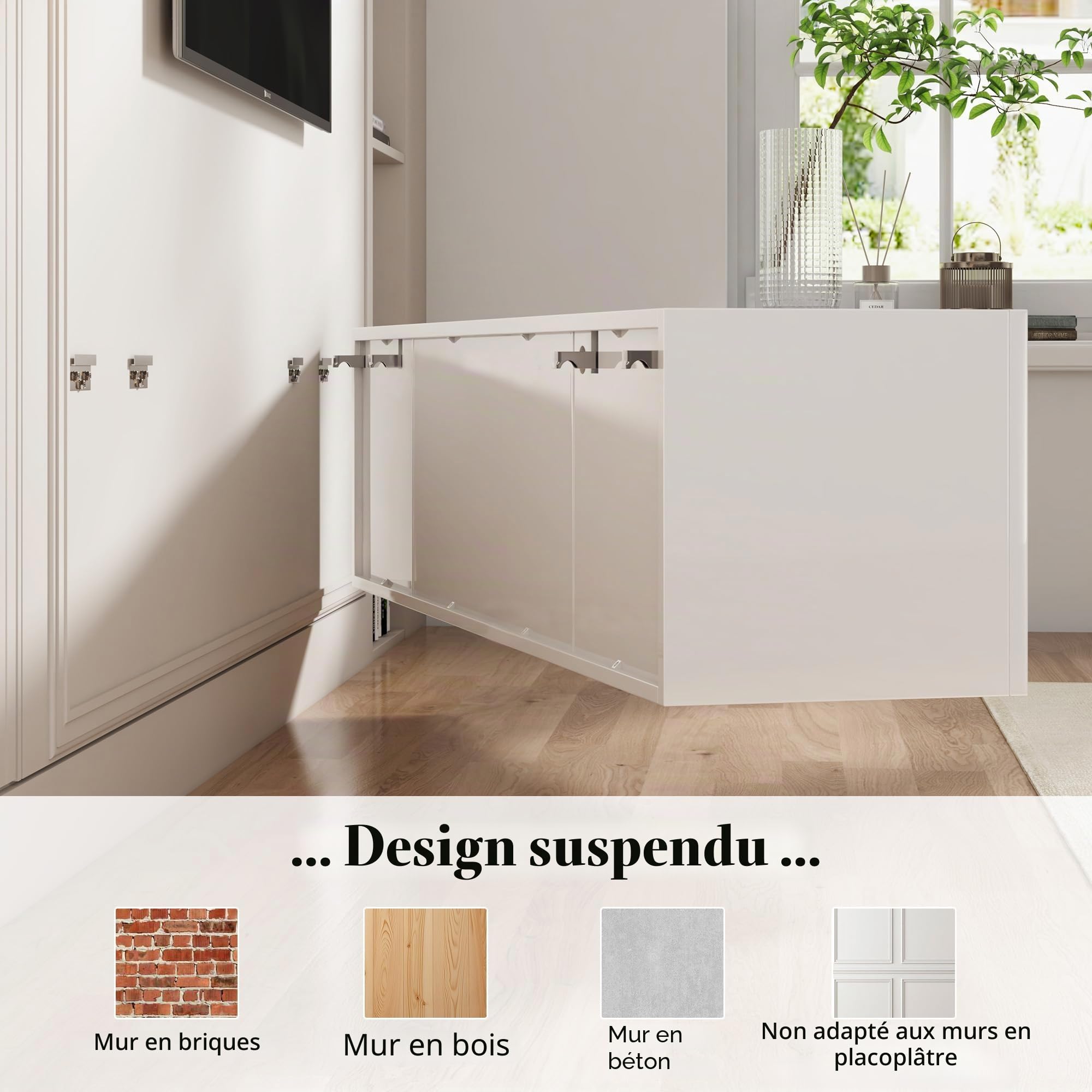 LUXOAK Meuble TV Suspendu 160 cm, Meuble TV Blanc Brillant avec LED RGB, Meuble Télé Suspendu pour 55–75 Pouces, Support TV Mural avec Rangement et Gestion des Câbles