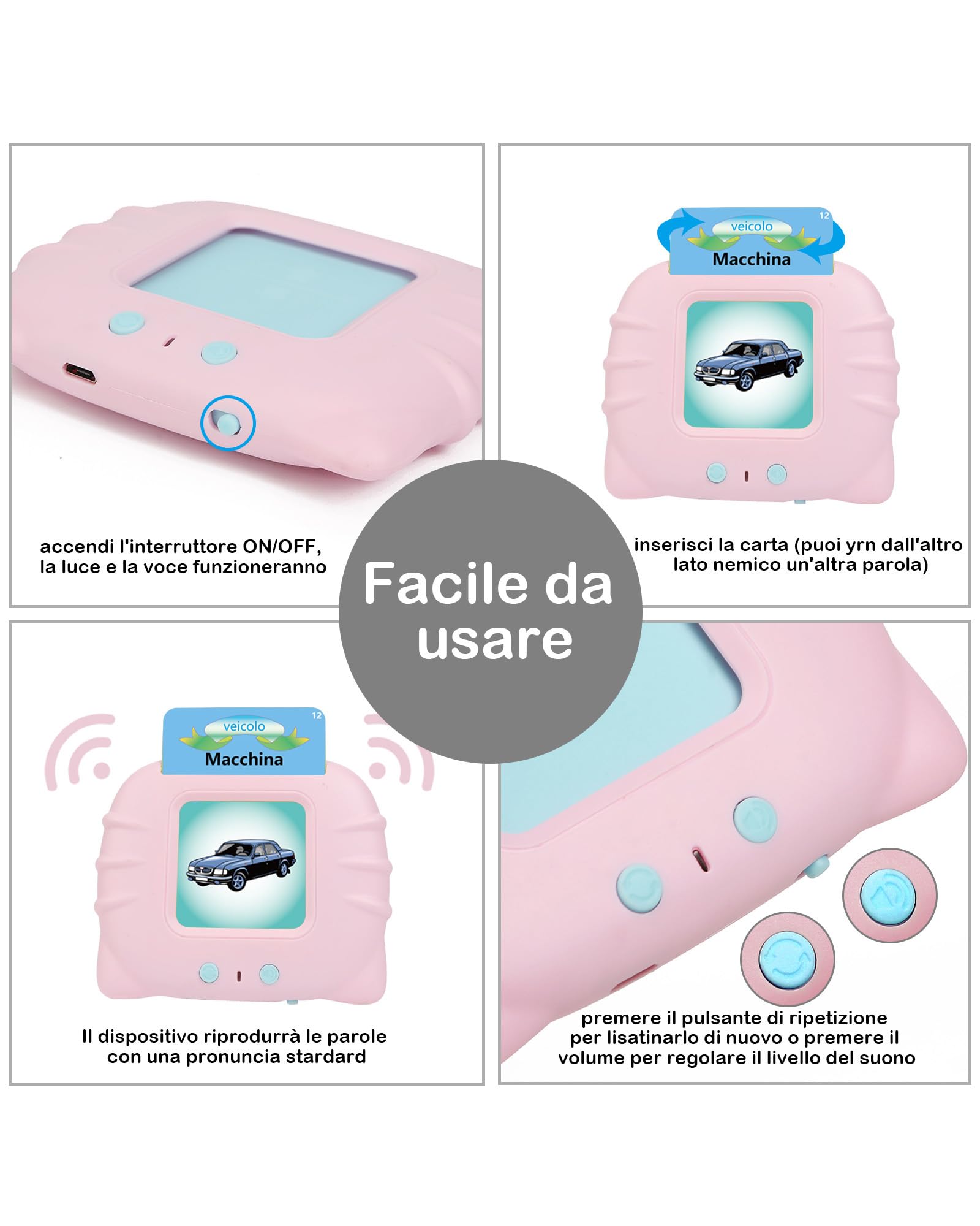 Schede flash parlanti, giocattoli per bambini da 1 a 12 anni, giocattoli educativi per bambini in età prescolare, per l'ascolto e l'apprendimento di base, 224 parole (colore rosa, in italiano)