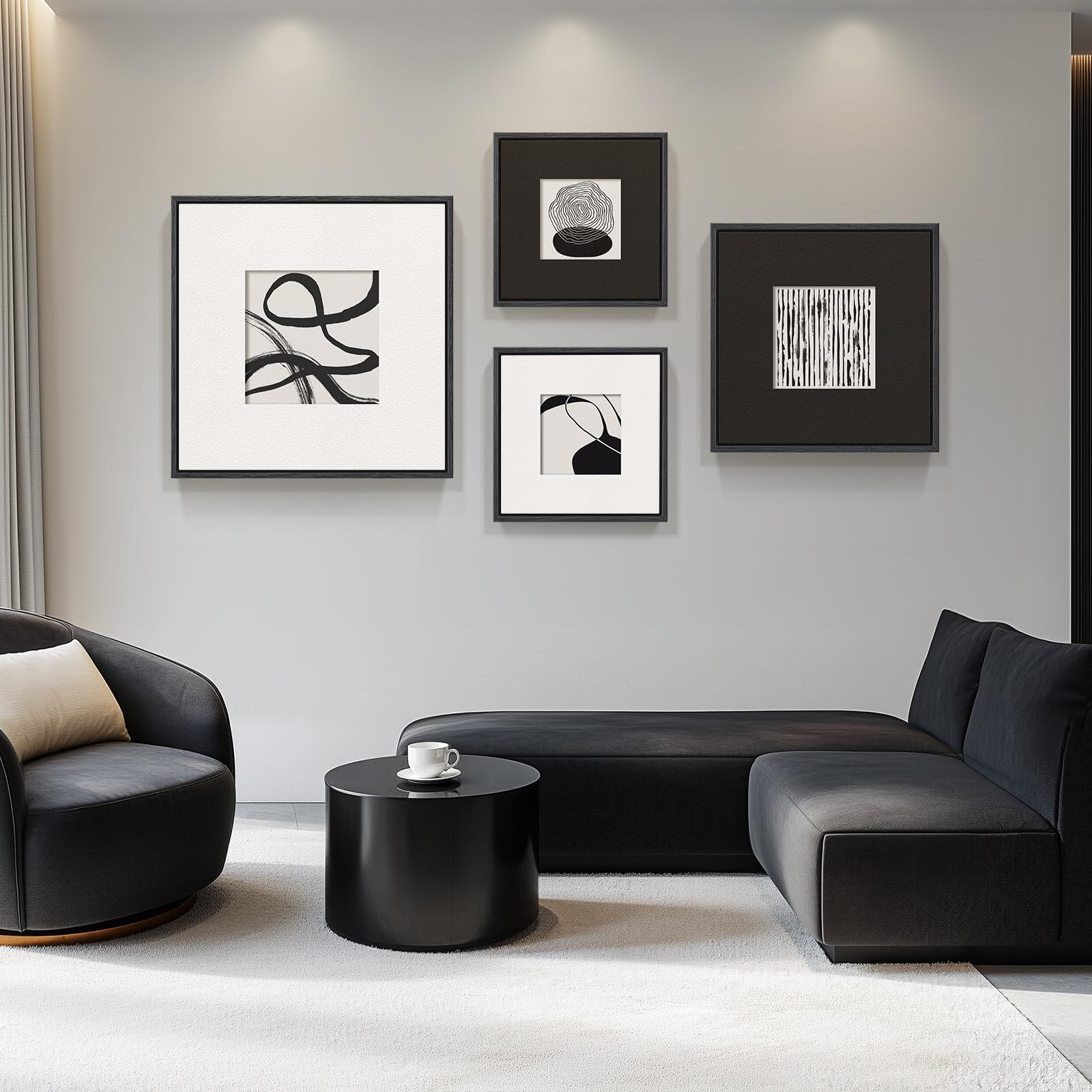 3D Textured Framed Black and White Abstract Wall Art for Living Room, 4 Piece Modern Artwork for Walls, Black White Minimalist Wall Paintings for Hallway Office Wall Decor
