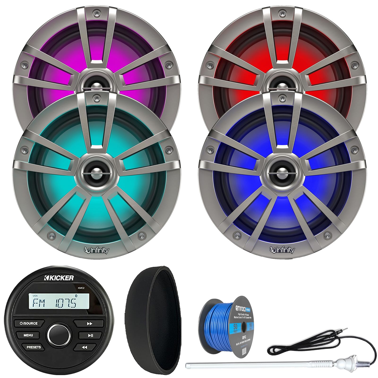 KICKER 46KMC2 Marine Bluetooth All-Weather AM/FM USB/AUX Gauge Style Media Center Receiver W/Black Cover, 4X 6.5 225W Max Power Waterproof Titanium RGB LED Boat Speakers, Radio Antenna, Speaker Wire