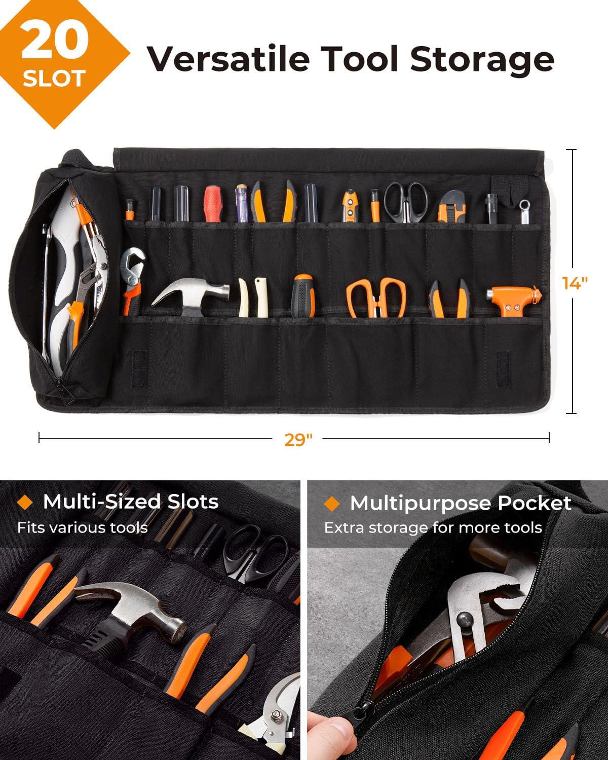 Foxrino Tool Roll, Heavy Duty Tool Roll Bag Organizer, Roll Up Tool Pouch with 20 + 1 Pocket, Gifts for Men Father Dad Mechanic, Black