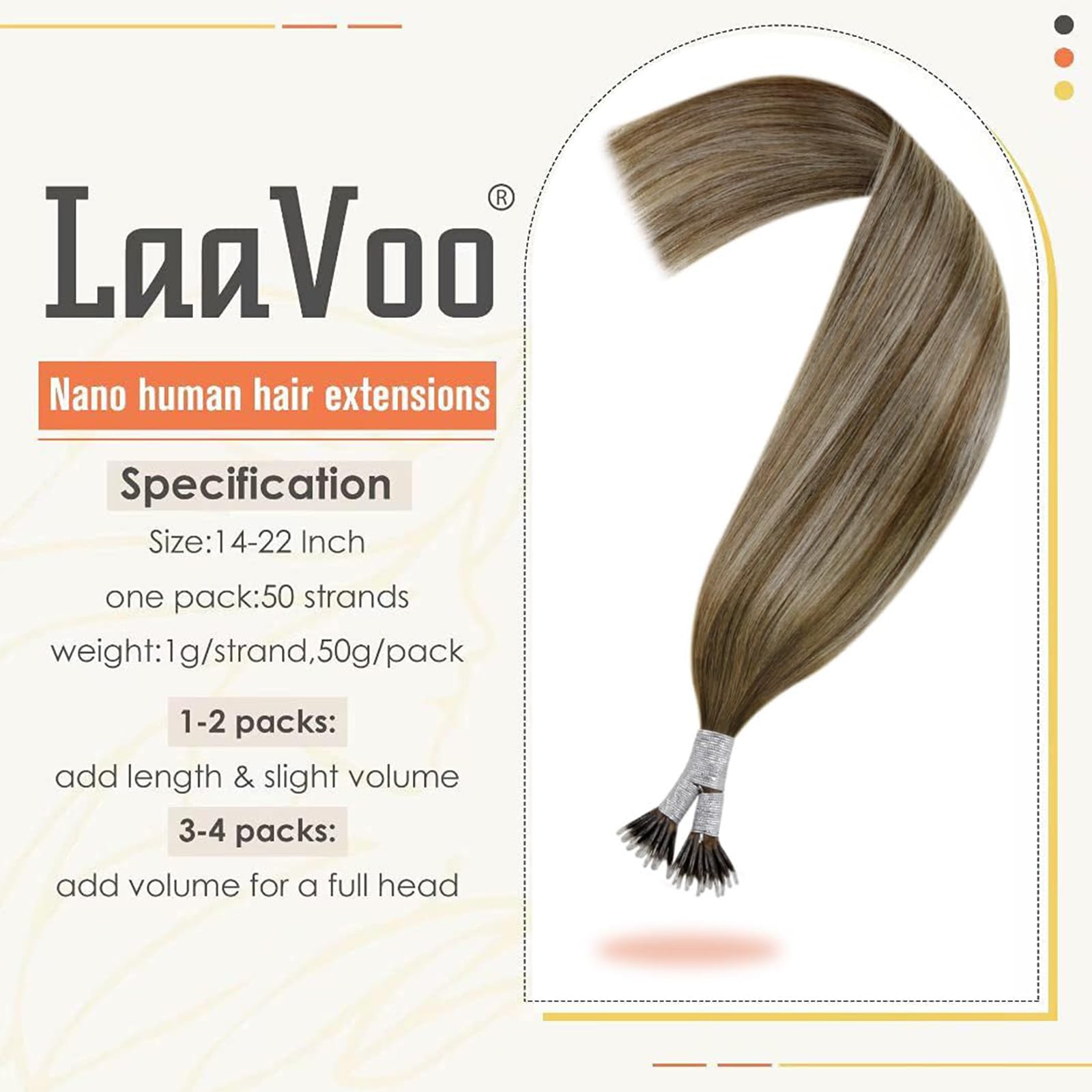 LaaVoo Nano Hair Extensions Real Human Hair Brown Nano Beads Hair Extensions 20 Inch Balayage Light Brown to Light Blonde Invisible Nano Ring Straight Remy Hair 50g 50s #8/60/8 - Image 2