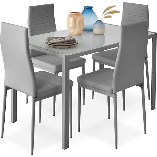 Best Choice Products 5-Piece Glass Dining Set, Modern Kitchen Table Furniture for Dining Room, Dinette, Compact Space-Saving w/Glass Tabletop, 4 Upholstered PU Chairs, Metal Steel Frame - Gray