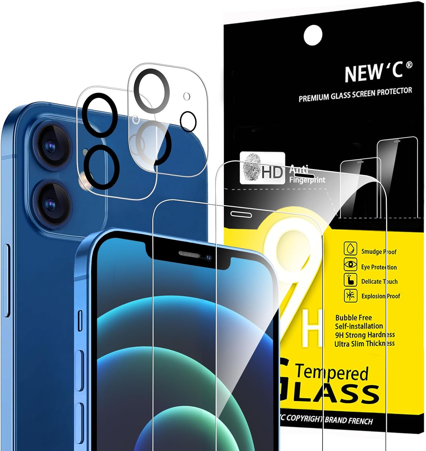 NEW'C 4 Pack, 2 Pack for iPhone 12 Screen Protector (6.1 inch) + 2 Pack Camera Lens Protector, Sensor Protection,Case Friendly Tempered Glass Film iPhone 12 6,1 Pouces