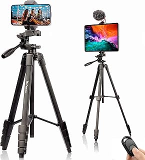 Phone Tripod, Lusweimi 66-Inch iPhone Tripod Stand for iPad Pro 12.9"/Tablet/Webcam, Lightweight Camera Tripod with Phone Holder/Wireless Remote/Carry Bag for Vlogging/Video Recording