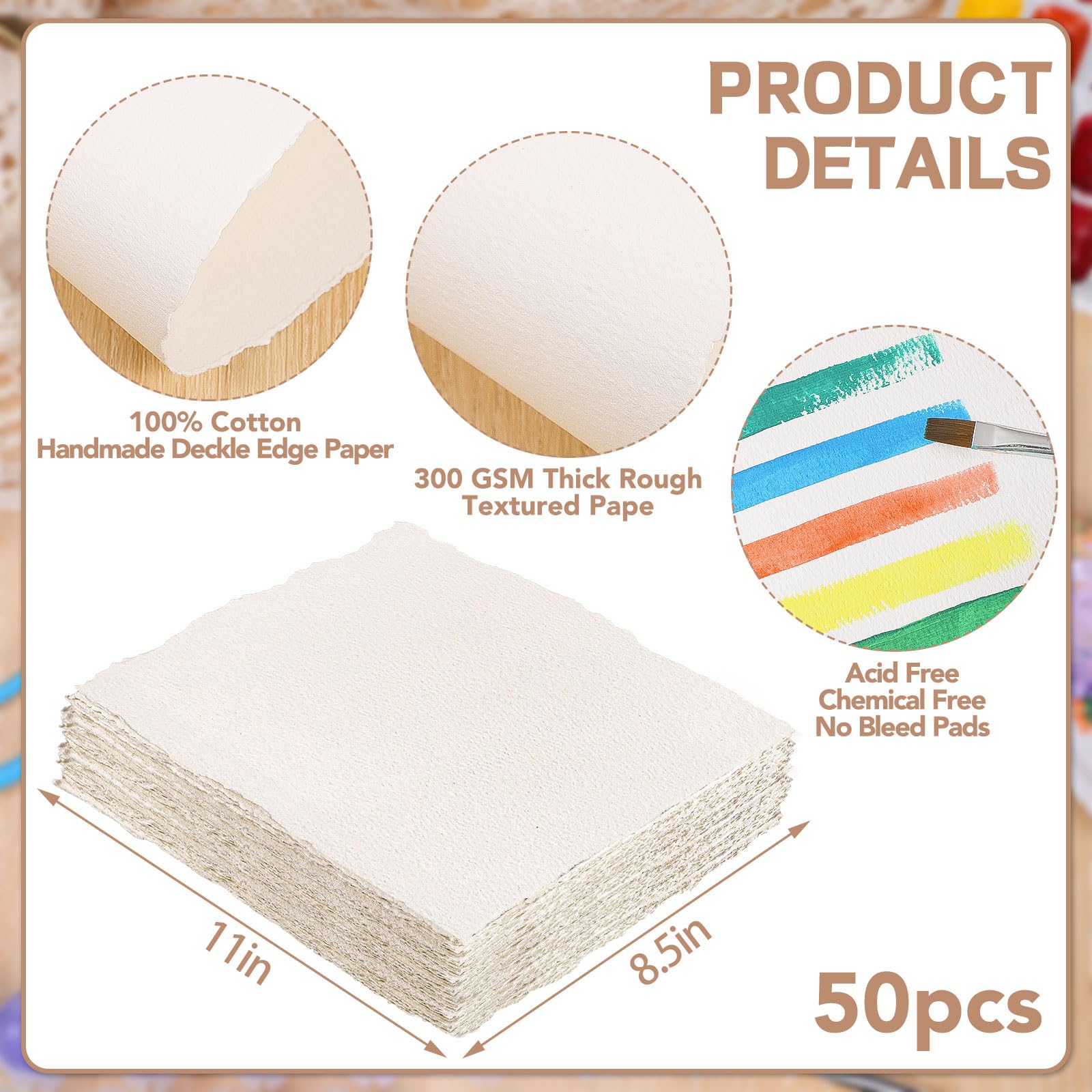 50 hojas de papel de acuarela de 8.5 x 11 pulgadas, papel de borde cubierto de 300 g/m², papel de algodón hecho a mano para acuarelas, invitaciones de boda, tarjetas, manualidades