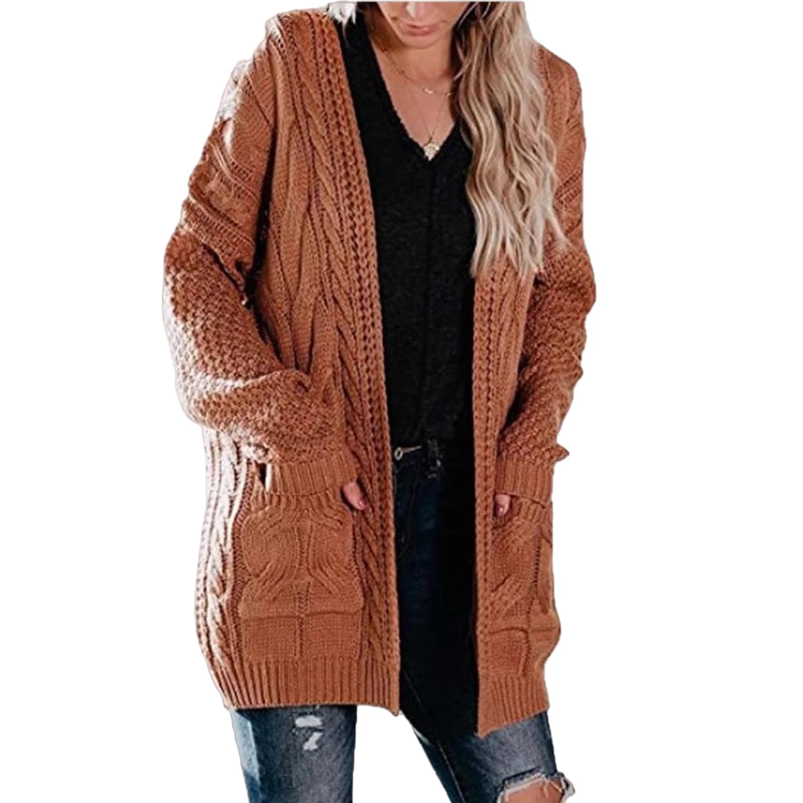 ZWRXW Womens Open Front Cardigan Sweaters Long Sleeve Button Loose Knitted Cardigans Pockets Cable Knit Chunky Winter Coats