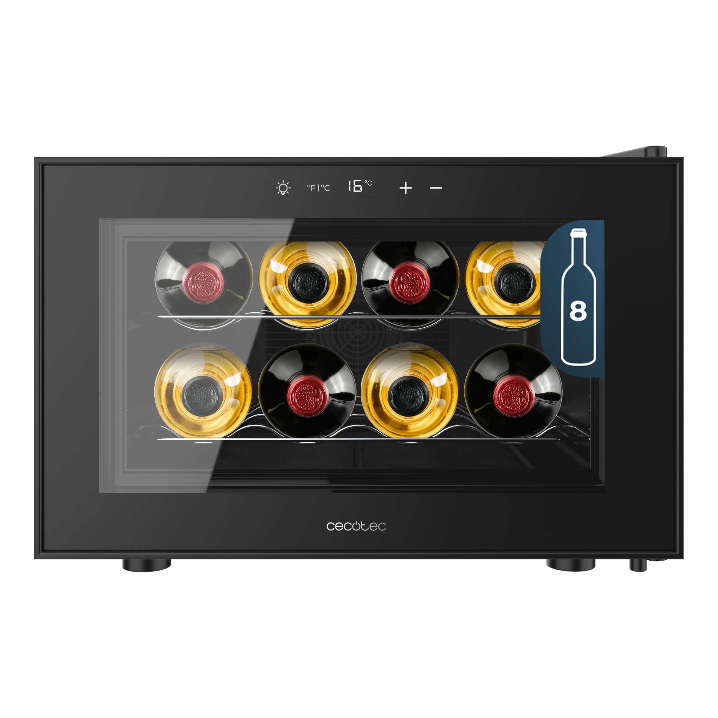 Cecotec Cave à Vin Bolero GrandSommelier 800H CoolCrystal E, Capacité 8 Bouteilles, Étagères Métalliques, Contrôle Tactile, Température 8 à 18ºC, Noire