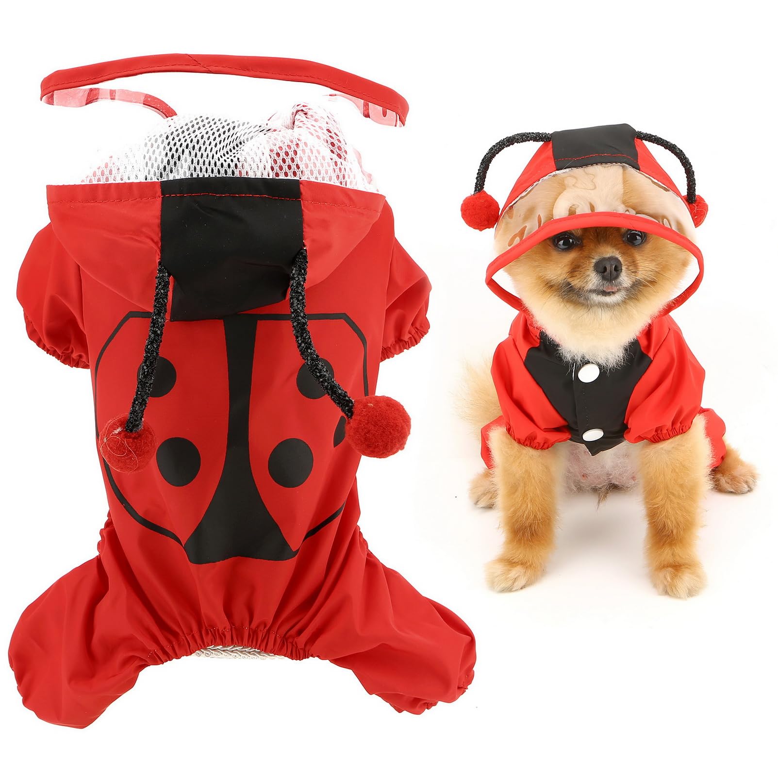 SMALLLEE_LUCKY_STORE Cute Ladybug Waterproof Dog Raincoats with Hood for Small Medium Dogs with Leash D-Ring Lightweight Pet Rain Jacket Puppy Poncho Chihuahua Clothes, Red, XL
