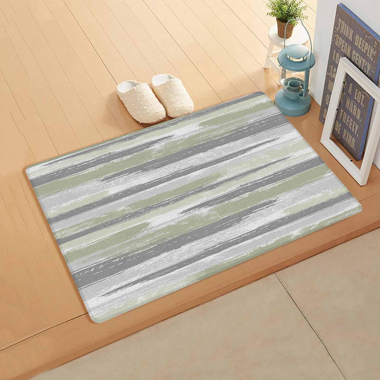 Abstract Sage Green Kitchen Bath Door Mat Cushioned Runner Rug,Washable Welcome Floor Sink Antifatigue Mat,Waterproof & Non-Slip Comfort Standing Doormat,Modern Geometric Grey White Stripe 18