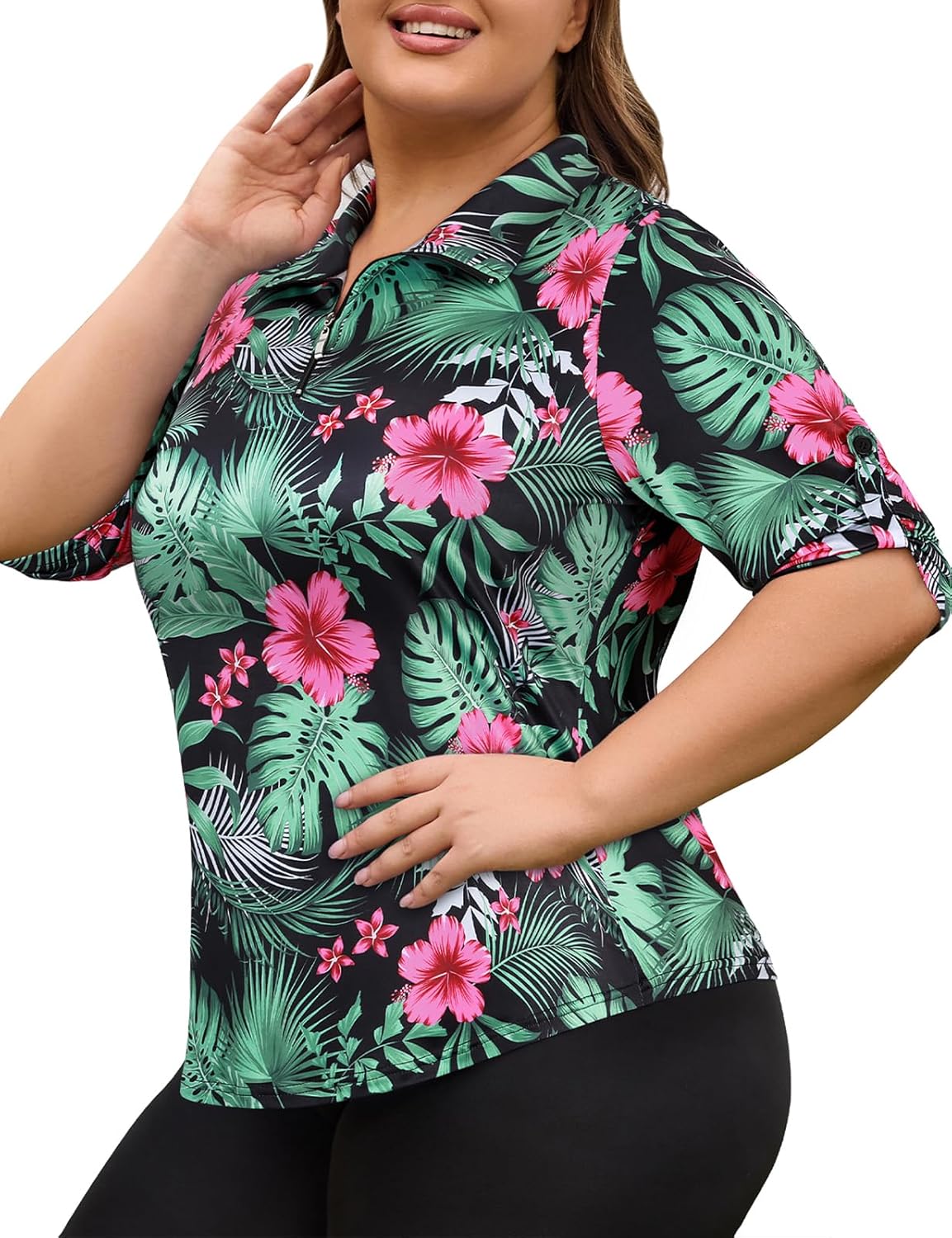 Plus Size Golf Shirts for Women 3/4 Sleeve Tops Loose Fit Quick Dry UPF 50+ Quarter Zip Pullover XL-5XL - Image 2