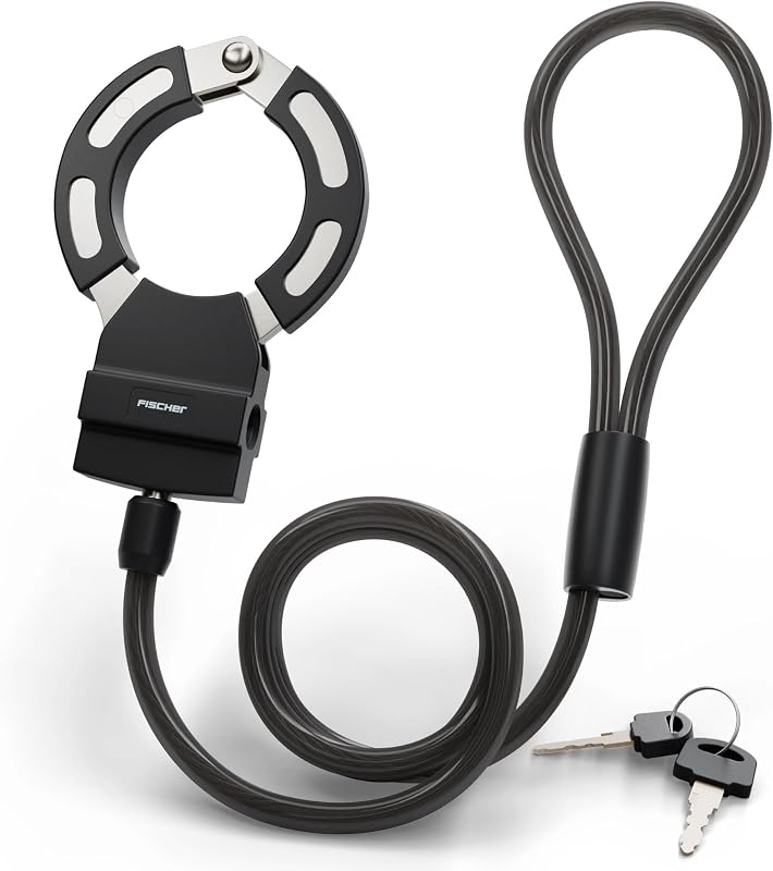 Lacăt cu cablu pentru bicicletă Fischer, 110 cm, cablu spiralat din oțel de 8 mm cu suport, compatibil cu biciclete electrice și trotinete electrice