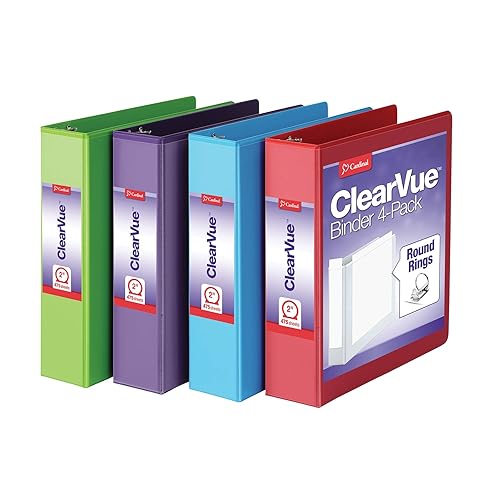 Cardinal 3 Ring Binders, Binders for School and Office, Durable 2 Inch Binder with Round Rings, Holds 475-Sheets, ClearVue Covers, Non-Stick, PVC-Free, Assorted Colors, 4 Pack (29311)