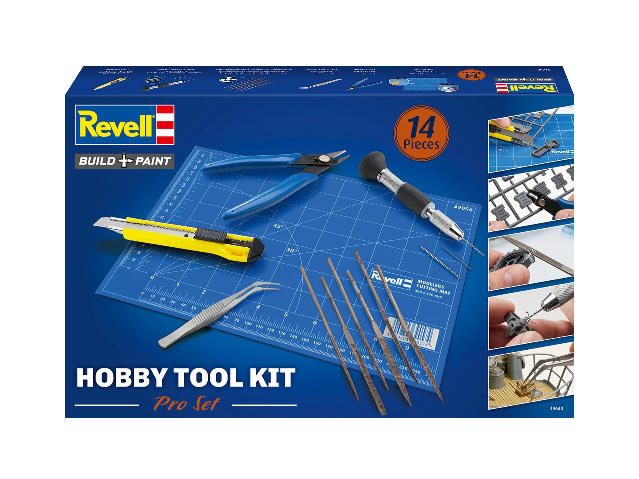 Revell Hobby Tool Kit Pro – mit essentiellen Modell- und Hobbywerkzeugen – Seitenschneider, Präzisionsmesser, Pinzette, 6 Nadelfeilen, Handbohrer, 3 Bohrer und Schneidematte 30 x 32 cm