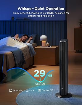 GoveeLife Black Tower Fan for Bedroom, 36 Smart Floor Fan with App/Voice Control, Temperature Sensor, 5 Modes 8 Speeds(25ft/s), 29dB Quiet Oscillating Fan for Office, 24H Timer, Auto Cooling
