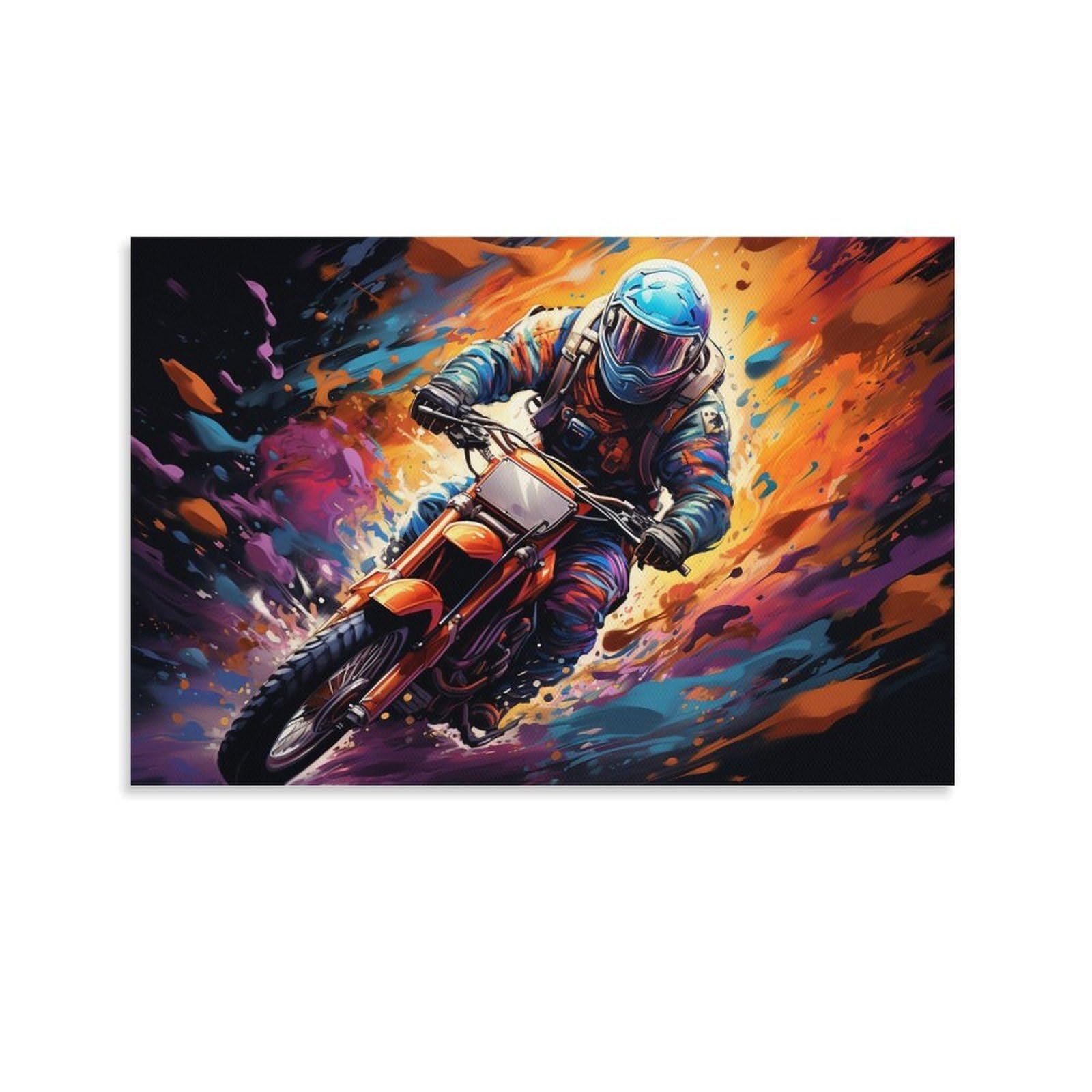 CPLVKWRQJ Bright Magical Colorful Individual Motocross Rider in Paint Explosion Wall Art Pieces - Office Canvas Print Fade Resistant Wall Focal Art Ready to Hang 24x36inch(60x90cm)