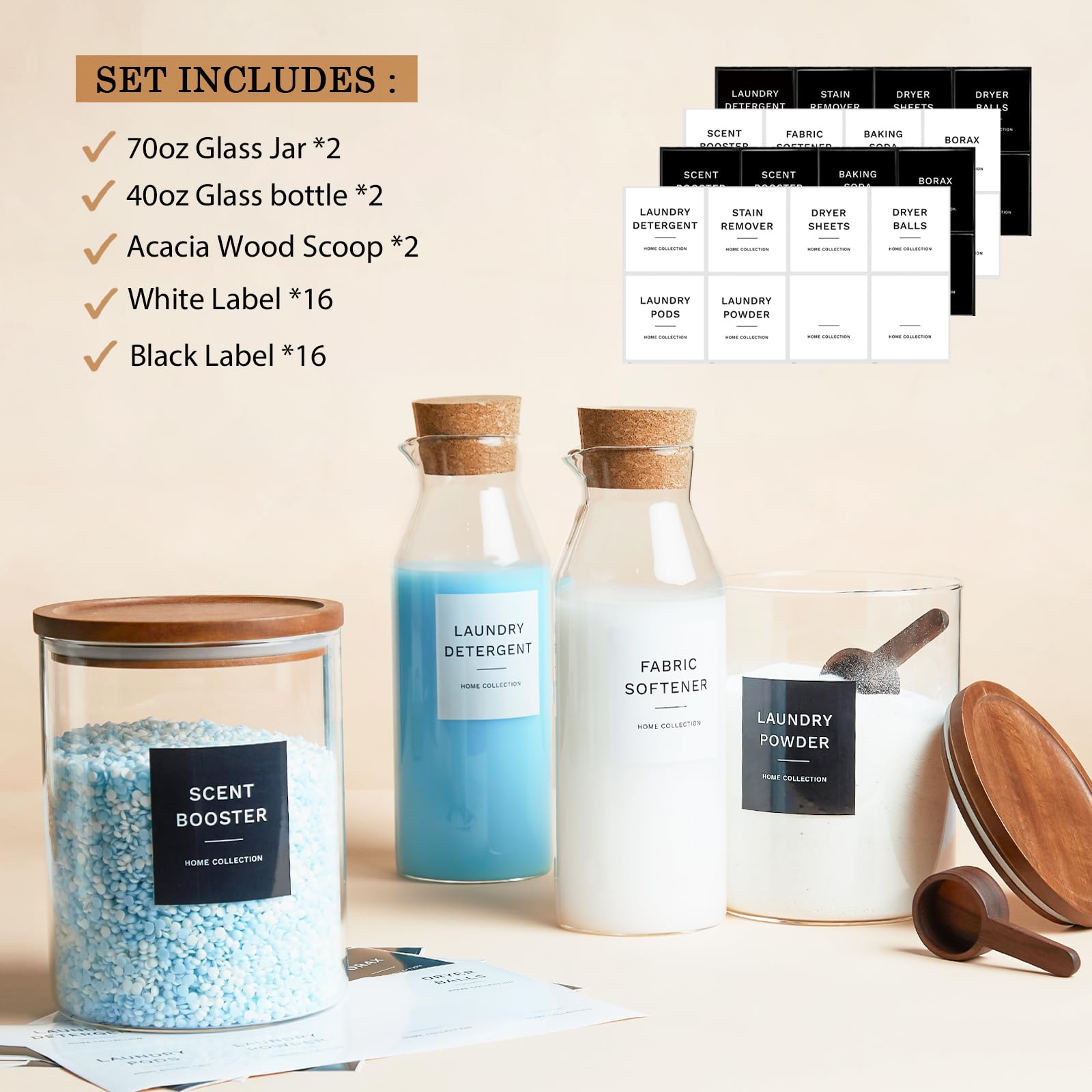 Juego de recipientes de almacenamiento de vidrio para lavandería, paquete de 4 dispensadores de detergente líquido con tapa de corcho y tarro de organización de lavandería con tapa de acacia, botellas 3