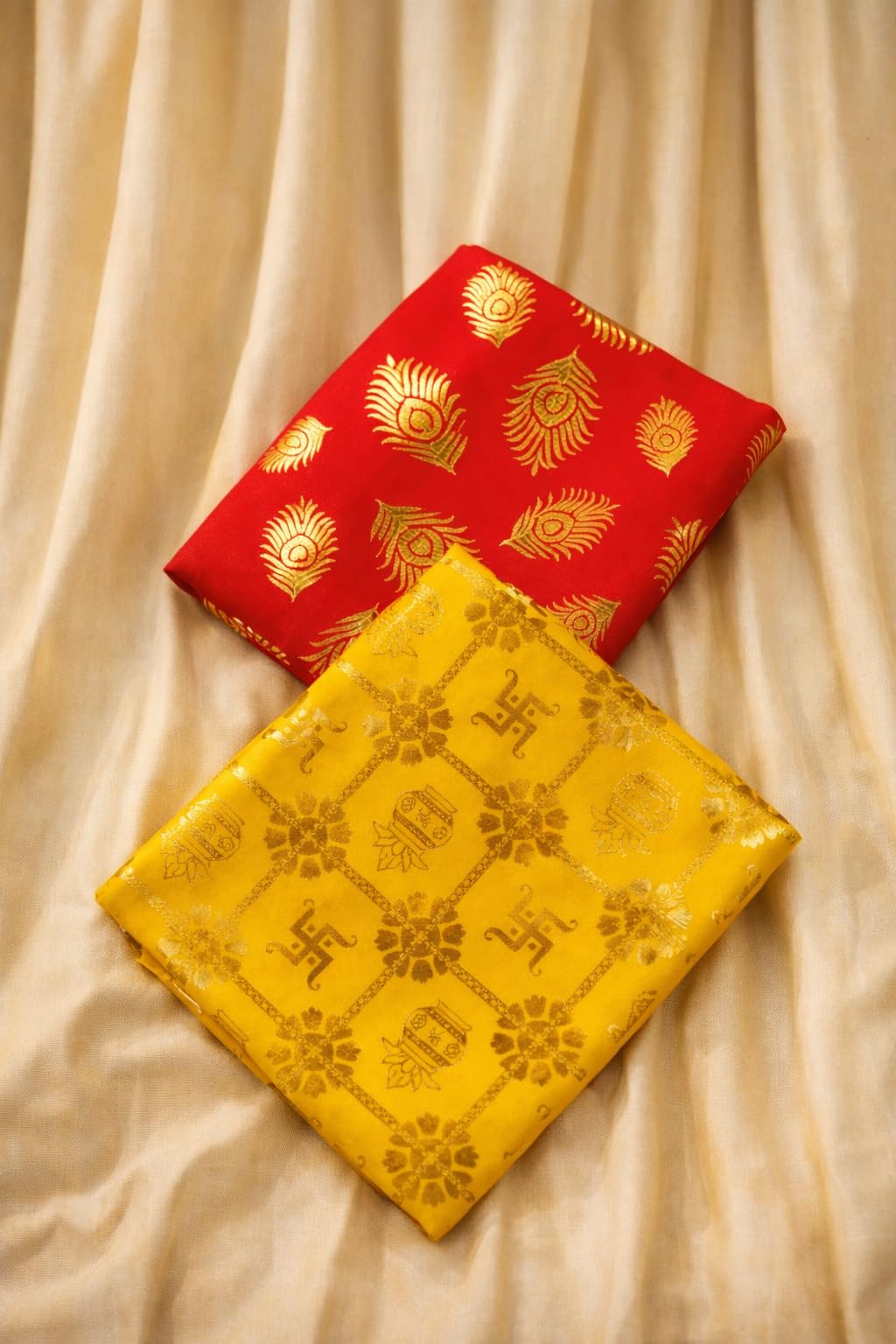 Big Large Size Foil Print Pooja Aasan Cloth/Chowki Aasan Kapda Mat for Puja Table, Puja Home Mandir and Temple