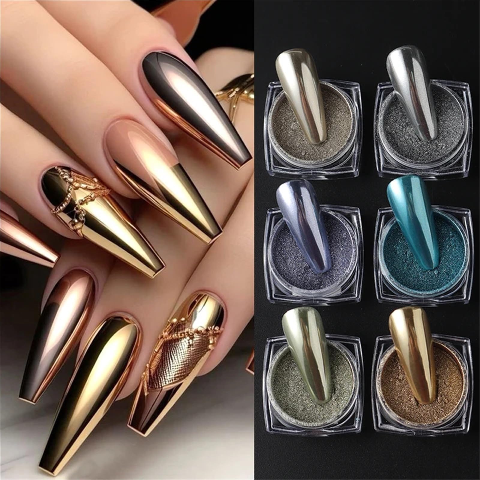 Polvo cromado para uñas 6/12 Uds oro plata rosa polvo de uñas cromo espejo metálico de lujo brillo frotar pigmento polvo hermosa decoración artística para Manicura(F-208-(01-02))