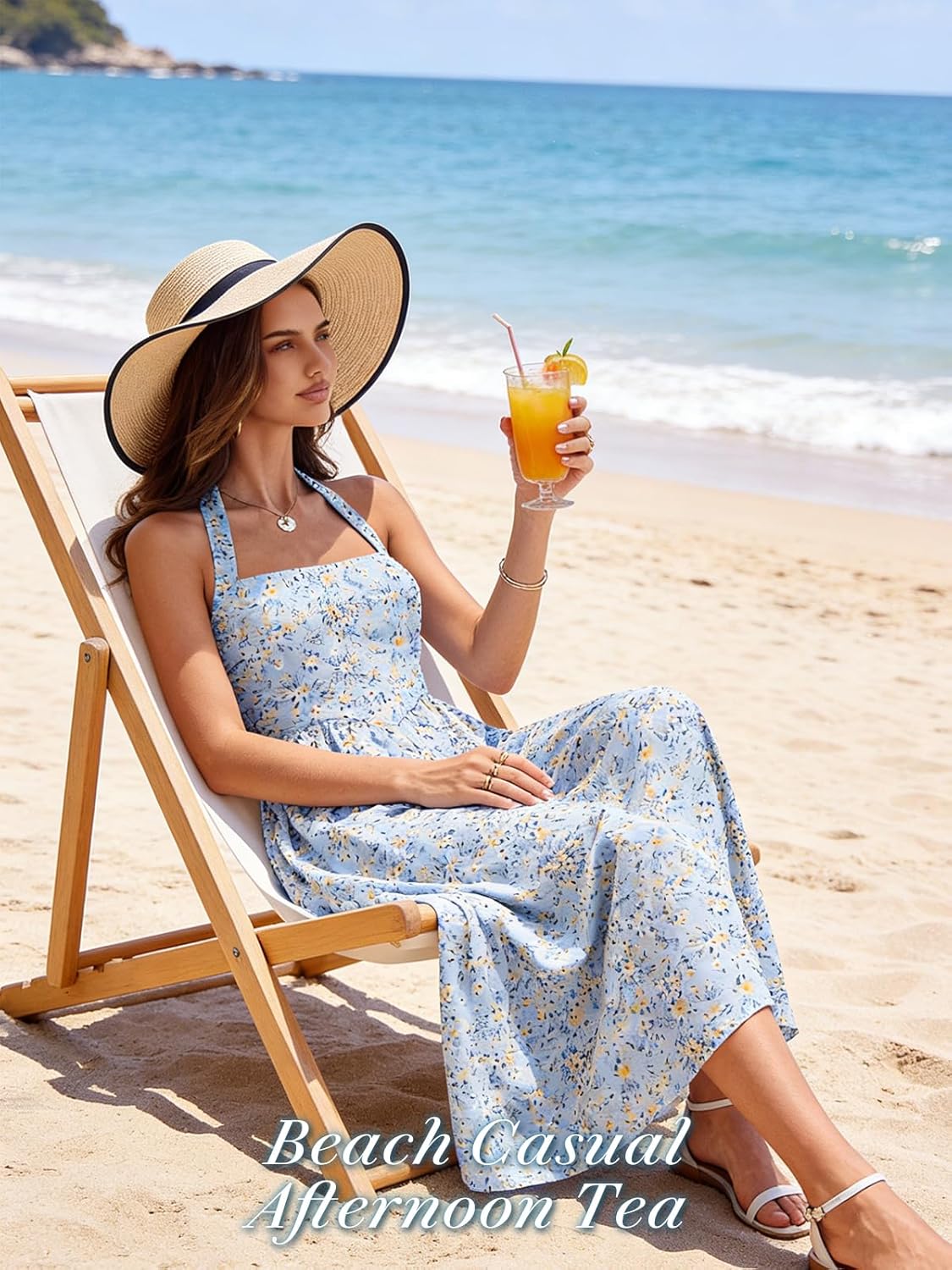 Sureple Women's Summer Halter Midi Dress with Pockets Sleeveless Drop Waist Swing Aline Flowy Beach Sun Dresses