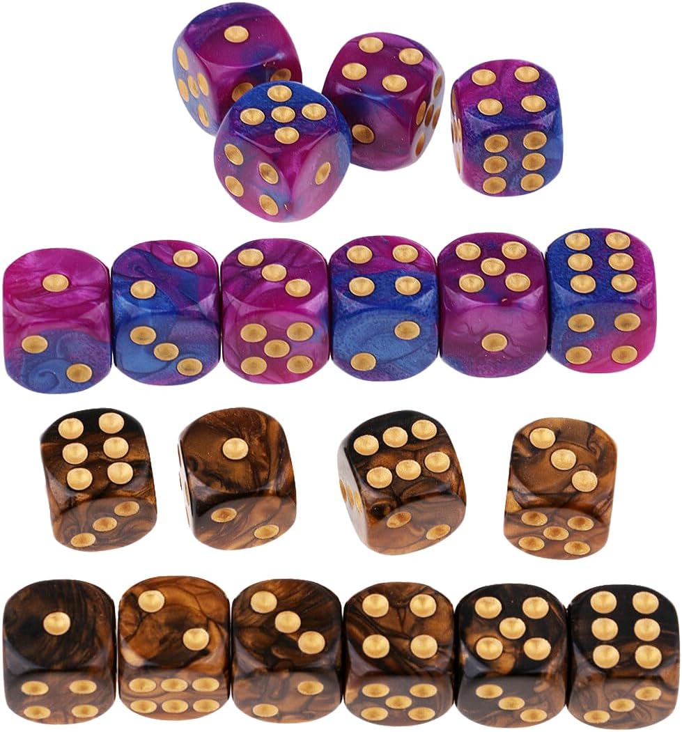 Yiotfandoll 20PCS Polyhedral Dice D6 Dice 16mm Acrylic 6 sided Dice Game Dice for RPG MTG DND Dice Table Games (Purple Blue and Black Gold)