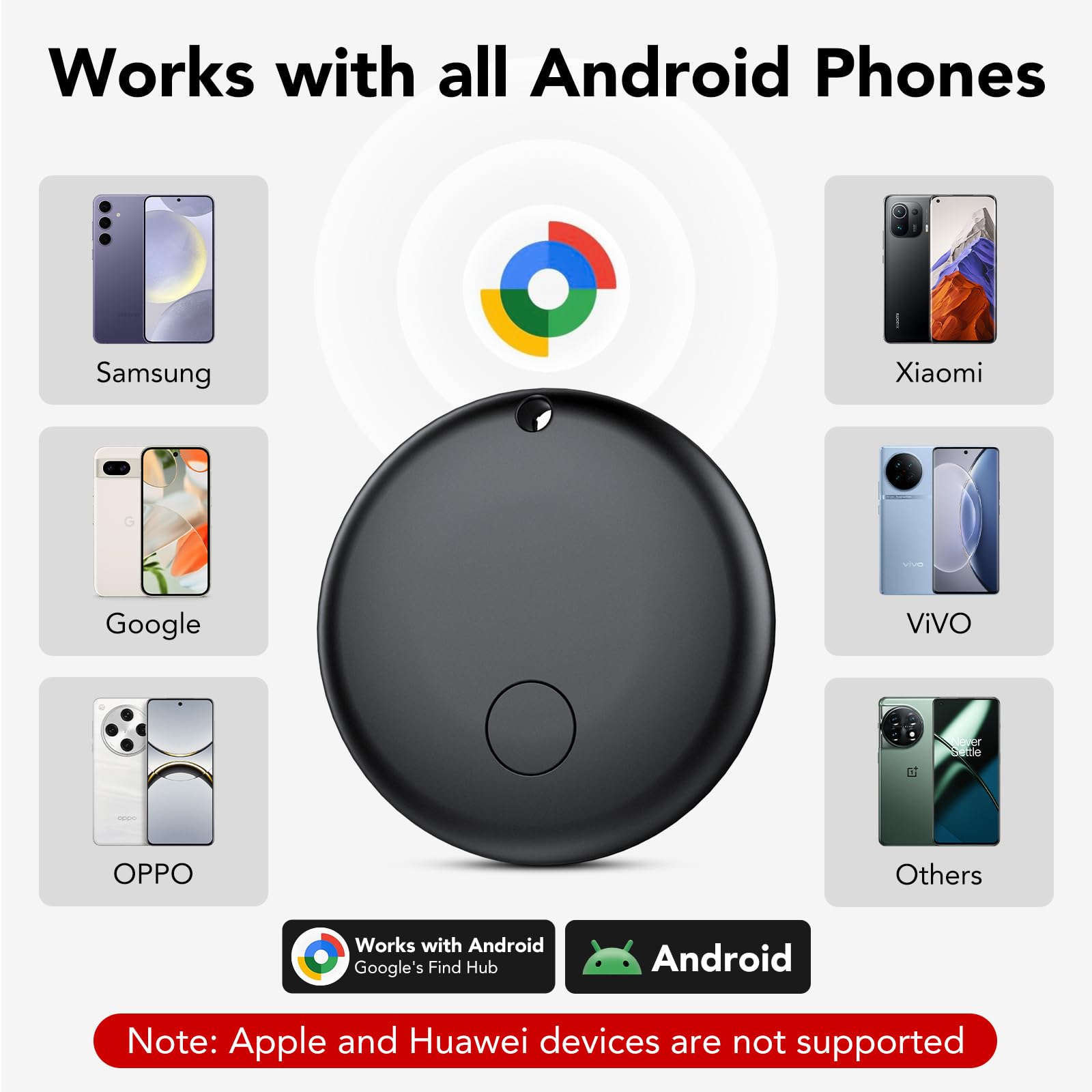 Android Smart Tag, Tracker con Google's Find Hub (Solo Android), IP68 Impermeabile, Bluetooth Localizzatore con Custodia Protettiva, Trova Oggetti per Chiavi/Bagagli/Portafogli, 4 Nero