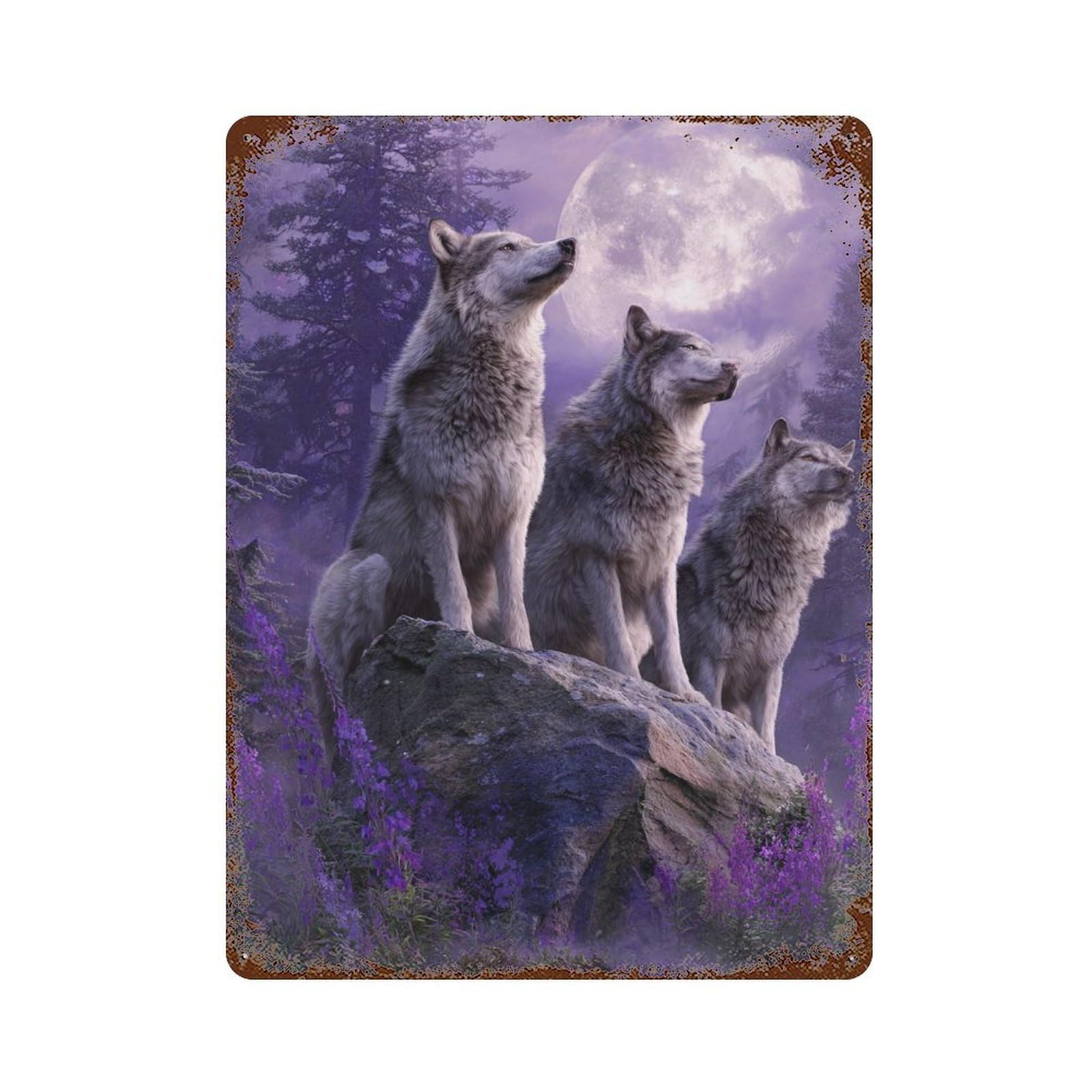 Wolf Pack Moonlit Forest Rustic Tin Plaque 15.7"x11.8", Ideal for Office, Studio And Wall Decor